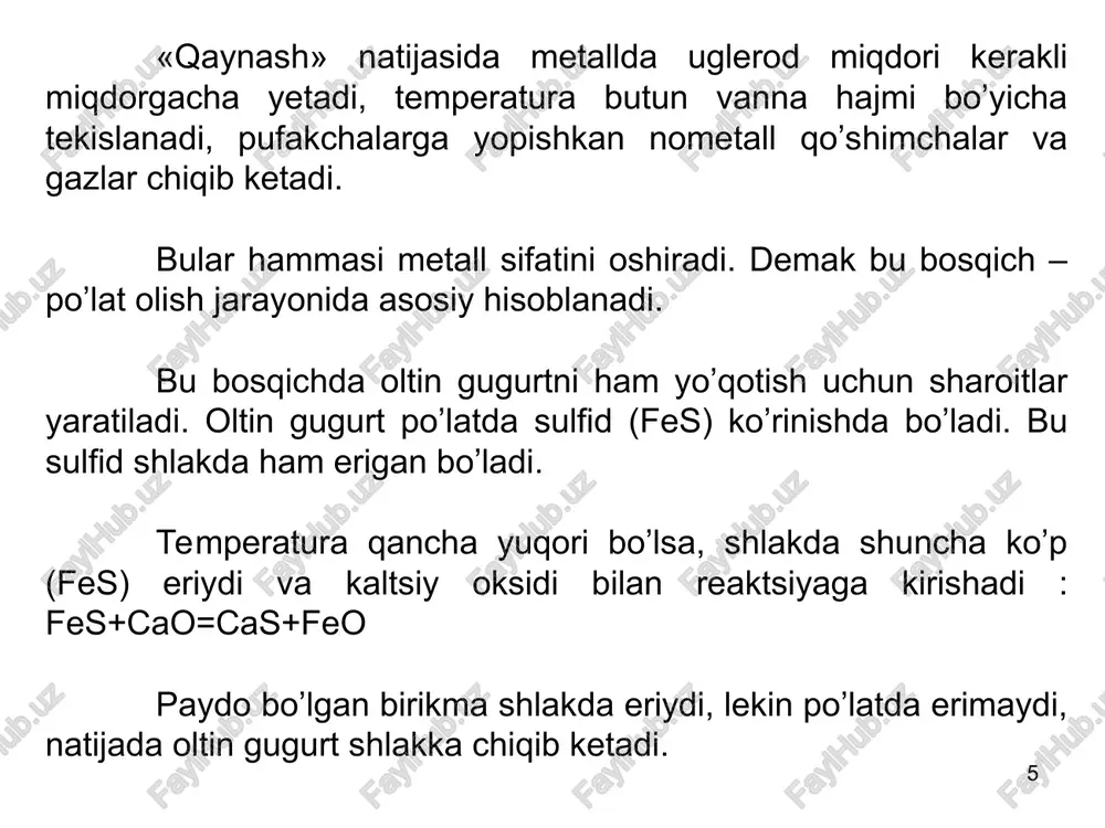 chdan chiqadigan gazlar bilan isitiladigan kamera. pechdan chiqadigan gazlarning temperaturasi 1500…1600 0c ga yetadi va regeneratordagi g’ishtlarni 1250 0c gacha qizdiradi. regtneratordan o’tgan havo 12000c gacha qiziydi, pechning kallagida yoqilg’i bilan aralashib shixtaga qaratilgan alangani xosil qiladi. * pechdan chiqib ketayotgan gazlar tozalash qurilmalardan o’tib ikkinchi regeneratorga yuboriladi. sovigan gazlar tutun quvurdan chiqib ketadi. birinchi regenerator sovigandan keyin gazlar oqimi yo’nalishini o’zgartiradi. alanga 18000c gacha qizib, pechning ish hajmini va shixtani qizdiradi. alanga chixtadagi qo’shimchalarni oksidlaydi. po’latni olish jarayoni 3…6 soat , yirik pechlar uchun 12 soat gacha davom etadi. tayyor po’lat pastda joylashgan novdan chiqariladi, nov o’tga ch[damli moddalar bilan berkitiladi. pechlar 400-600 marta po’lat ishlab chiqargancha ishlab turadi, keyin ta’mirlash uchun toxtatiladi. * shixta tarkibiga ko’ra marten jarayonning quyidagi turlari mavjud : – skrap-jarayon: bunda shixta po’lat chiqindilar (skrap) va 25…45% ga qattiq qayta ishlanadigan cho’yandan idorat. bu jarayon domna pechlari bo’lmagan va po’lat chiqindilar ko’p bo’lgan zavodlarda …