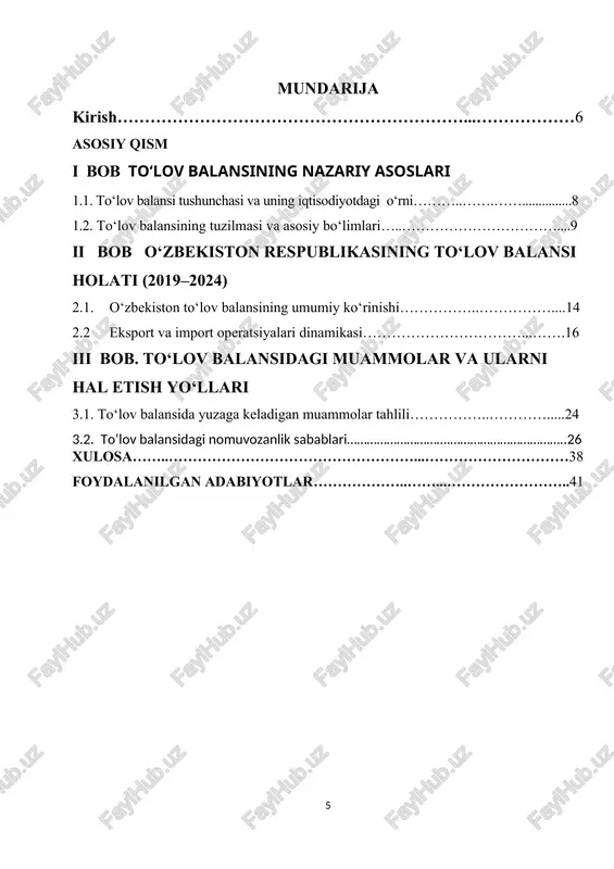 [1: krugman, p., & obstfeld, m. (2018). international economics: theory and policy (10th ed.). pearson.] to‘lov balansi quyidagi asosiy bo‘limlardan iborat: 1-rasm. to‘lov balansining asosiy bo‘limlari: joriy hisob (current account): eksport-import, xizmatlar, daromadlar va transferlar oqimini o‘z ichiga oladi; kapital hisobi (capital account): asosan kapital ko‘chirish va mulk huquqlarining o‘zgarishi bilan bog‘liq operatsiyalarni o‘z ichiga oladi; moliyaviy hisob (financial account): to‘g‘ridan-to‘g‘ri xorijiy investitsiyalar, portfel investitsiyalar, kreditlar, zaxiralar harakati va boshqa moliyaviy oqimlarni aks ettiradi. to‘lov balansi ijobiy bo‘lsa (ya'ni, daromadlar xarajatlardan ko‘p bo‘lsa) bu mamlakatga ko‘proq valyuta kirayotganini anglatadi va valyuta zaxiralari ko‘payadi. aksincha, to‘lov balansi salbiy bo‘lsa, bu tashqi iqtisodiy muammolarni bildirishi mumkin, masalan: import eksportdan ko‘pligi, xorijdan ko‘p qarz olish, yoki valyuta zaxiralari kamayishi. to‘lov balansining iqtisodiyotdagi o‘rni: to‘lov balansi nafaqat statistika vositasi, balki iqtisodiy tahlil va siyosat yuritishda muhim ahamiyatga ega. quyidagi jihatlar bunga misol bo‘la oladi: makroiqtisodiy barqarorlikni aniqlovchi ko‘rsatkich: to‘lov balansidagi muvozanat yoki nomuvozanat mamlakat …