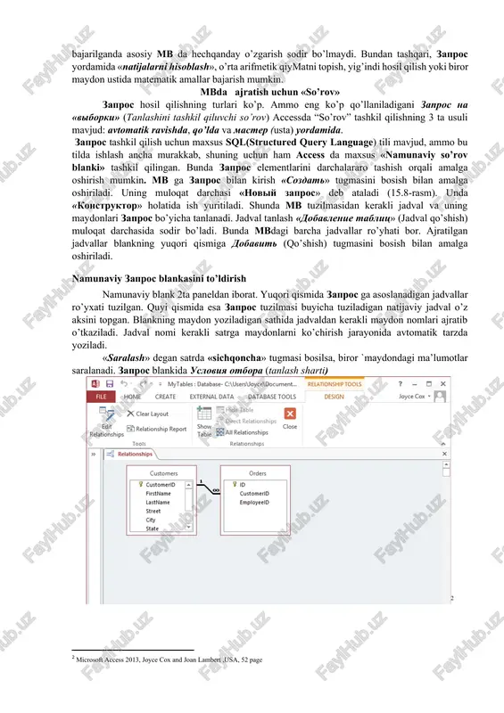 uyidagi muloqot darchasi paydo bo’ladi. mb ga kirish uchun zapros tuzishning bir qator usullari taklif qilinadi: konstruktor - mustaqil ravishda yangi so’rovlar tuzish. prostoy zapros (oddiy so’rov) - mavjud aniq maydonlarni tanlab olish yo’li bilan so’rovlar tuzish. perekrestniy zapros (qiyosiy so’rov) - mb da mavjud bo’lgan bir nechta jadval va so’rovlarni chatishmasidan yangi so’rovlar yaratish. povtoryayushiesya zapisi (takrorlanuvchi yozuvlar) jadvalda yoki so’rovlarda takrorlanuvchi yozuvlarni qidirib topish uchun so’rovlar tuzish. zapisi bez podchenennix (bog’lanmagan yozuvlar) joriy jadvalga mos kelmaydigan yozuvlarni qidirib topish uchun so’rovlar tuzish. xullas, zapros yordamida asosiy mbdan natijaviy (foydalanuvchini qiziqtirgan) jadval tashkil qilish va uni qayta ishlash imkoniyati paydo buladi. zapros bilan ishlaganda ma’lumotlarni saralash (filtrdan o’tkazish), jamlash, ajratish, o’zgartirish mumkin. ammo bu amal har bajarilganda asosiy mb da hechqanday o’zgarish sodir bo’lmaydi. bundan tashqari, zapros yordamida «natijalarni hisoblash», o’rta arifmetik qiymatni topish, yig’indi hosil qilish yoki biror maydon ustida matematik amallar bajarish mumkin. mbda ajratish uchun «so’rov» …
