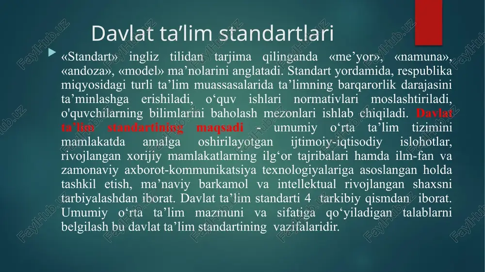 asida tafakkurning rivojlanganligini bilish mumkin. tafakkurni shakllantirishga yo‘naltirilgan pedagogik faoliyat bu aqliy tarbiya turiga kiradi.bolada tafakkurning rivojlanganlik darajasi matematik savollar orqali bilish lozim. maktabga tayyorgarlikning aqliy va maxsus tayyorgarligi bu -savodxonlikka o‘rgatish va egallashi lozim bo‘lgan tushunchani shakllantirishdan iborat. bolani maktabga bog’chaga borgan kundan boshlab tayyorlash kerak. umumiy o‘rta va o‘rta maxsus ta’lim umumiy o‘rta ta’lim (i — xi sinflar) bosqichlari quyidagilardan iborat: boshlang‘ich ta’lim (i — iv sinflar); tayanch o‘rta ta’lim (v — ix sinflar); o‘rta ta’lim (x — xi sinflar). umumiy o‘rta va o‘rta maxsus ta’lim umumta’lim o‘quv dasturlarini, zarur bilim, malaka hamda ko‘nikmalarni o‘zlashtirishga qaratilgan. boshlang‘ich ta’lim boshlang‘ich ta’limga (i — iv sinflar) umumiy o‘rta ta’lim tashkilotining birinchi sinfiga bolalar ular yetti yoshga to‘ladigan yilda qabul qilinadi. boshlang‘ich ta’lim ta’lim oluvchilarda umumiy o‘rta ta’limni davom ettirish uchun zarur bo‘lgan yozish, oʻqish, hisoblash malaka va koʻnikmalarini hosil qilish, tabiat va jamiyat haqida ilk bilimlar berish, xulq-odobga oʻrgatishdir. tayanch …