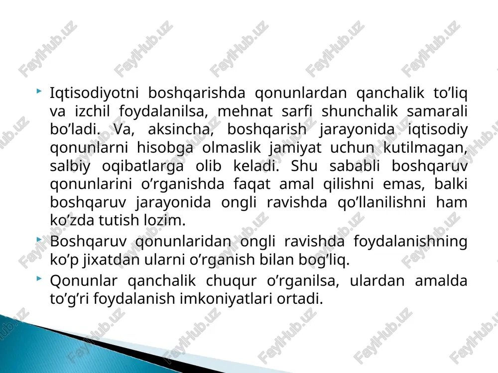 hilik tamoyili bevosita ishlab chiqarishda ishlab chiqarish personali a’zolarining yagona rahbar buyruqlariga qat’iy bo’ysunushini talab qiladi. yuqori darajadagi rahbar quyi bo’g’in raxbari vakolatiga kiruvchi masalalarni hal etmasligi lozim. bu tamoyilni amalga oshirishning asosiy sharti har bir ijrochining xuquq, burch, majburiyatlarini qat’iy belgilab qo’yishdir. yagona boshchilik kollegiallik, qabul qilinadigan qarorlar oshkaraligi bilan qo’shib olib borilishi kerak. kollegiallik intizom, rahbar, yagona shaxs irodasigaso’zsiz bo’ysunush bilan birga amalga oshishi kerak. demokratiya, oshkoralik har bir kishiga o’z fuqarolik qarashlarini namoyon qilish, boshqaruv qarorlarini ishlab chiqish va qabul qilishda faol qatnashish uchun imkon yaratadi. ilmiylik tamoyili. boshqaruv tamoyillari orasida valyutarizmni inkor qiluvchi har bir rahbar iqtisodiy qonunlar, jamiyat rivojlanishining ob’yektiv yo’nalishlari, bu sohada milliy va chet el tajribasini qo’llashini taqozo qiluvchi o’rin egallaydi. rejalilik tamoyili. bozor iqtisodiyoti sharoitida ishlab chiqarishni rejali boshqarish - biznes va trategik rejasini tuzish - iqtisodiy siyosatlarni amalga oshirishning muhim shartidir. bu tamoyil ishlab chiqarish rivojlanishining uzoq muddatga mo’ljallangan yo’nalishlari, sur’atlari …