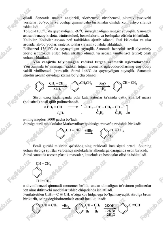 alari. naftalin 800c da suyuqlanadigan kristall modda, uchuvchan. kimyoviy xossalari. naftalin benzol kabi almashinish va birikish reaksiyalariga kirishadi. almashish reaksiyalari. naftalin almashish reaksiyalariga birikish reaksiyalariga qaraganda oson kirishadi. past haroratda (60-800c) -holatdagi, yuqori haroratda (160-1800c) esa -holatdagi vodorodlar almashinadi. 1. naftalinga galogenlar bilan ta’sir ettirilganda -galogennaftalin hosil bo’ladi. bunda 5% atrofida -izomer hosil bo’ladi: 2. naftalin 800c nitrolanganda -nitronaftalin, 1600c da -nitronaftalin hosil bo’ladi: 3. naftalinga sulfat kislota bilan ta’sir etilganda 800c da -naftalin sulfokislota, 1800c da esa –naftalin sulfokislota hosil bo’ladi. –naftalin sulfokislota 1600c da qizdirilganda sulfoguruh -holatdan -holatga ko’chadi (nigratsiyalanadi): naftalin sulfokislota muhim buyoqlar olish uchun qimmatli xom ashyo bo’lib xizmat qiladi. birikish reaksiyalari. naftalin benzolga qaraganda kam to’yinmagan birikmadir. uni benzoldan farqli vodorod bilan ajralib chiqish vaqtida gidrogenlash mumkin. naftalinga amil spirti va natriy bilan ta’sir ettirilganda, dastlab 1,4-digidronaftalin hosil bo’ladi, hosil bo’lgan 1,4-digidronaftalin juda oson 1,2-digidronaftalinga izomerlanadi: naftalinni katalizatorlar ishtirokida bosim ostida gidrogenlanganda tetralin va dekalin …