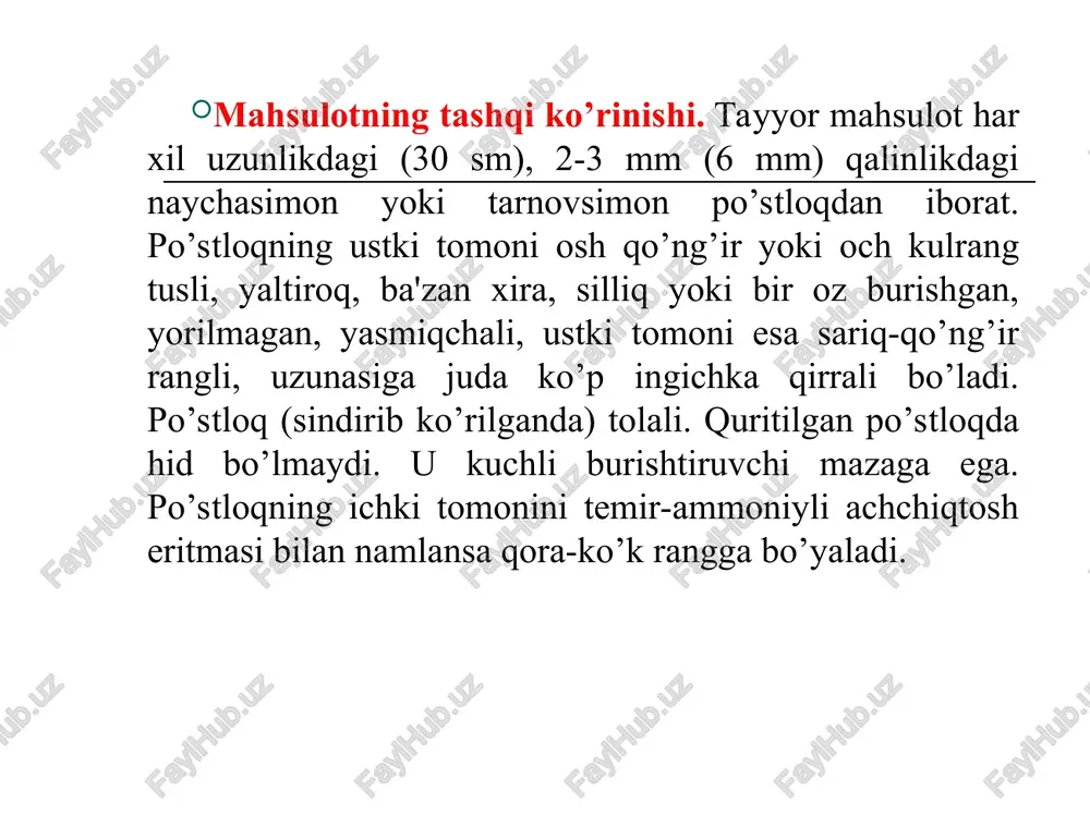 hamda og’izni chayish uchun ishlatiladi. dorivor preparatlari. damlama-infusum hyperici, nastoyka-tinctura hyperici, suyuq ekstrakti-extractum hyperici fluidum, bakteritsid preparat- imanin – imaninum va novoimanin – novoimaninum, peflavit – peflvit (katexinlar yig’indisi tabletka holida bolgariyada chiqariladi, vitamin p ta’sirga ega). moyli ekstrakti me’da-ichak yaralarini davolashda ishlatiladi. g’ozpanja ildizpoyasi - rhizomata tormentillae tik o’suvchi g’ozpanja - potentilla erecta (l) rausch. ra'noguldoshlar - rosaceae 15-50 sml i ko’p yillik o’t o’simlik. ildizpoyasi kalta, yo’g’on, boshli, yer ostida gorizontal joylashgan. poyasi tik o’suvchi, shoxlangan. ildizoldi bargi uzun bandli 3-5 bo’lakli, o’simlik gullaganda qurib qoladi. poyadagi barglari 3 bo’lakli, yirik qo’shimcha bargli, poyada ketma-ket bandsiz joylashgan. gullari yakka-yakka holda uzun bandi bilan poyaga joylashgan. gulkosachasi 2 qavat, 4 tadan. tojbargi 4 ta (boshqa turlarida 5 ta), oltin sariq rangli. otalik va onaliklari ko’p sonli. mevasi - ko’p urug’li murakkab meva. may oyida kuzgacha gullaydi. geografik tarqalishi. mxd ning yevropa qismi, kavkaz, g’arbiy sibirning nam yerlarida o’sadi. belorusiya …