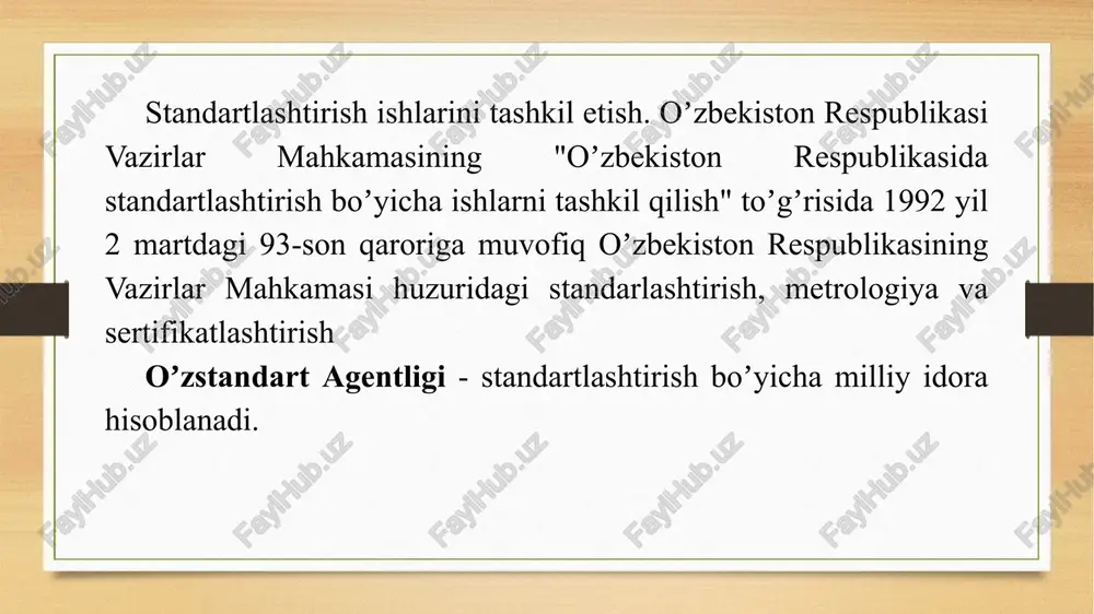 viy shartlar fan va texnikaning tegishli sohalarida chet ellarda va mamlakatimizda erishilgan eng yuqori yutuqlarini, chet mamlakatlarning xalqaro, mintaqaviy va milliy standartlari, talablarini hisobga olib, ilmiy-tadqiqot, tajriba konstruktorlik, texnologik va loyihalash ishlarining natijalariga asoslangan holda ishlab chiqilishi va respublikani iqtisodiy va sotsial rivojlantirish uchun eng maqbul qarorlar qabul qilish nazarda tutilishi lozim. zarurat tugʼilganda, ishlab chiqaruvchi buyurtmachi bilan kelishilgan holda yoki buyurtmachining oʼzi muayyan standartlar va texnikaviy shartlarni ishlab chiqish yuzasidan texnikaviy vazifalarni tasdiqlaydi. standartlar va texnikaviy shartlarda mahsulot sifatiga nisbatan majburiy va tavsiya etiladigan talablar (texnikaviy tavsiyalar) belgilanadi. mahsulot sifatiga sotsial jihatdan oʼzaro bogʼliq boʼlgan, uning aholi hayoti va sogʼligi uchun xavfsizligini, atrof-muhitni muhofaza qilishni, mahsulotning bir-biriga mosligi va oʼzaro almashuvchanligini taʼminlay-digan, shuningdek nazorat qilish belgisi va usullarining majburiy talablarga toʼgʼri kelishi, hamda bajarilishi kerak boʼlgan talablar sirasiga kiradi. buyurtmachi (isteʼmolchi)da zarurat tugʼulgudek boʼlsa, u manfaatini himoya qilishni taʼminlaydigan talablar sirasini kengaytirishi mumkin boʼladi. mahsulotlarning va xizmatlarning isteʼmol va …