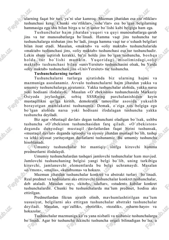 i kifoya qilmaydi, chunki biz yuqorida qayd qilgan qismlarni o`zaro birlashtirib bir butun holga keltirganimizdan keyingina «mantiq» fani haqida to`liq ma’lumotga ega bo`lamiz. demak, fikrlash jarayonida analiz-sintez bilan chambarchas bog`liq keladi. sintez shunday mantiqiy usuldirki, bu usul yordamida qismlarni fikran birlashtiramiz va bir butun holga keltiramiz. abstraktsiyalash – tushunchalarni hosil qilishning mantiqiy usulidir. abstraktsiyalashda olamdagi narsa va hodisalarning ayrim muhim belgilarini fikran ajratib olamiz va hozircha zarur bo`lmagan belgilarni nazardan chetda qoldiramiz. bu jarayon abstraktsiyalash, shu jarayonning natijasi, abstraktsiya deyiladi. abstraktsiyalash jarayonida fikrimiz narsa va hodisaning aniq belgilaridan uzoqlashib, umumiy belgilari tomon to`g`ri harakat qilish natijasida predmetdan yiroqlashmaydi, balki yaqinlashib boradi, hamda abstrakt tushunchalar hosil bo`ladi. fanlarda qo`llaniladigan formatsiya, progress, regress, forma, mazmun, tovar, pul va boshqa tushunchalar mantiqiy abstratsiya orqali hosil qilingan. abstraktsiyalash umumlashtirish usuli bilan uzviy bog`liq. umumlashtirish shunday mantiqiy usuldirki, unda narsa va hodisalar biror umumiy belgiga ko`ra fikran bir mantiqiy sinfga birlashtiriladi. umumlashtirishda ayrimlikdan umumiylikka o`tiladi …