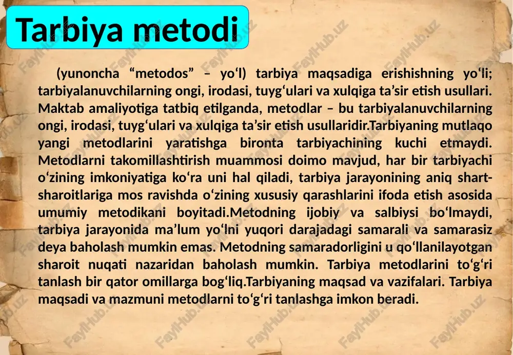 ijasida tarbiyaning davriylik tuzilmasini belgilab olishi mumkin: 1. the purpose of setting a goal of training a term process. 2. content, the content of the education requirements of the independent production community. 3. the democratic functioning relationship between education of participants in the educational process and observance of the norms of free thought and umuminsoniylik rules. 4. evaluate the results achieved in the process of education exemplifies the effective teacher evaluation and analysis. 1. maqsadni belgilash — tarbiyalashdan kelib chiqadigan maqsadlarni ma’lum bir muddatli jarayonlarga bo‘lib chiqishi. 2. mazmunni tanlash — tarbiyalash mazmunini jamiyat talablari darajasida mustaqil ishlab chiqishi. 3. demokratik faoliyatli — tarbiyaviy jarayon ishtirokchilarini tarbiyalashda va o‘zaro munosabatda erkin fikrlilik va umuminsoniylik me’yorlariga rioya qilish qonuniyatlari. 4. baholash — tarbiyalash jarayonida erishilgan natijalar samarador-ligining o‘qituvchi tomonidan baholanib borishi va doimiy tahlil qilinishi martin, jay. the education of john dewey. (2003). tarbiya metodlari pedagogik tushuncha bo’lib, respublikamiz milliy tarbiya …