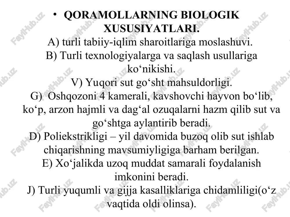 ir laktatsiyadagi sut mahsuldorligi o‘rtacha 1800-2500 kg; sutining o‘rtacha yog‘liligi 3,8-4,0 %; buqalari go‘sht uchun jadal o‘stirilganda kunlik semirishi 750-1000 g; so‘yim chiqimi 55-60 %. mahsuldorlik ko‘rsatkichlari qozoqi oqbosh zoti ushbu zot aqsh ning texas shtatidagi santagertruda tumanida 1940 yilda yaratilgan. mazkur zot duragay chatishtirish usulida yaratilgan zotlardan hisoblanadi. hindistonning braman zoti bilan angliyaning shortgorn zotini duragaylashtirishdan olingan. olingan duragaylarning 5/8 shortgorn 3/8 braman qoni bo‘lgan eng mahsuldorlari «o‘z ichida» urchitilgan so‘ngra ularni tanlash va saralash asosida zotli mollar shakllantirilgan. santa-gertruda zotli mollar issiq iqlim sharoitiga yaxshi moslashganligi, hayotchanligi, qon parazitar kasalliklarga chidamliligi, yaylovlarning dag‘al ozuqalaridan samarali foydalanishligi bilan boshqa zotlardan farqlanadi. santa – gertruda zoti. mahsuldorlik ko‘rsatkichlari: - buzoqlarning tug‘ilgandagi vazni 29-30 kg; - 8 oyligidagi vazni 220-240 kg; - sigirlarning o‘rtacha tirik vazni 550-650 kg; - buqalarning o‘rtacha tirik vazni 900-1200 kg; - bir laktatsiyadagi sut mahsuldorligi o‘rtacha 1500-1800 kg; - sutining o‘rtacha yog‘liligi 4,0-5,0 %; - so‘yim …