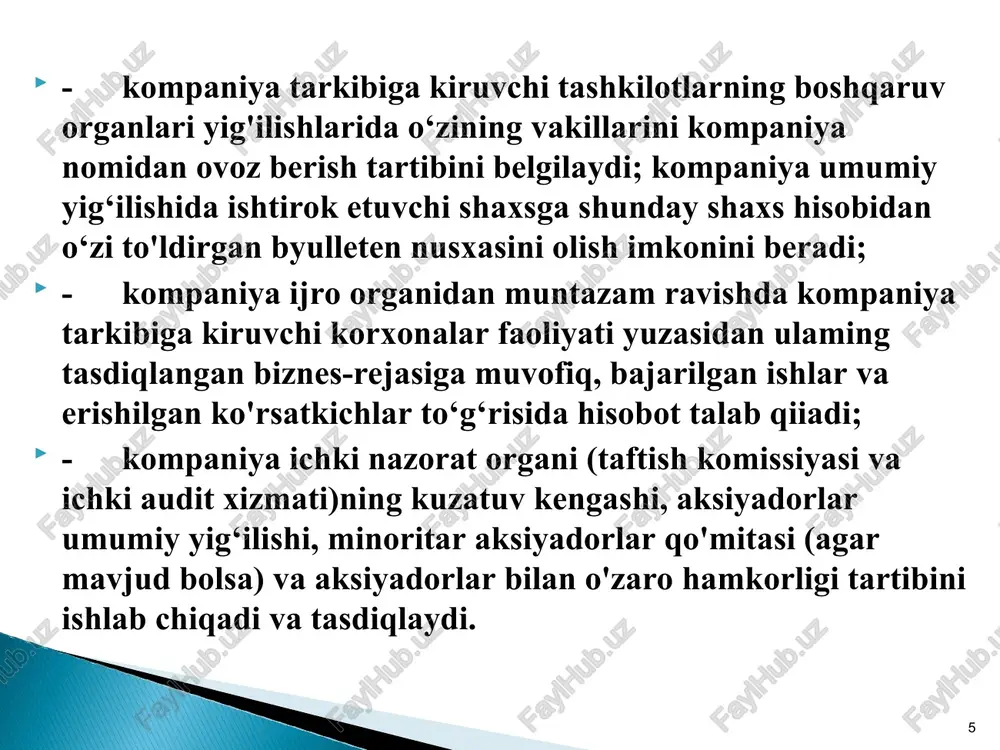borish va ulami bartaraf qilish choralarini ko'rish; - kompaniya ichki nazorat tizimidagi kamchiliklami aniqlash va bartaraf qilish; - boshqaruv organlari va nazorat organlari a'zolariga tolanadigan mukofotlarning adekvatligini ta’minlash, ularning miqdorini erishilgan yutuqlar natijasiga mutanosibligini ta’minlash; - professional va korporativ etika tamoyillarini ta’minlash. kompaniyaning boshqaruv va nazorat organlari, mansabdor shaxslar, xodimlar va mijozlar o'rtasida manfaatlaming qarama- qarshiligi kelib chiqishining oldini olish va uni boshqarish maqsadida quyidagilar ham amalga oshirilishi shart: * taftish komissiyasining qarori taftish komissiyasining majlis bayonnomasi bilan rasmiylashtiriladi, unda quyidagilar ko'rsatiladi: - majlis o'tkazilgan sana, vaqt va joy; - majlisda ishtirok etgan taftish komissiyasi a’zolarining royxati; - ovoz berishga qo'yilgan masalalar, ular yuzasidan o'tkazilgan ovoz berish yakunlari (majlisda ishtirok etgan har bir taftish komissiyasi a’zosining ovoz berish natijasini ko'rsatgan holda); - qabul qilingan qarorlar. * taftish komissiyasining a’zolari quyidagi huquqlarga ega: boshqaruv a’zolaridan kompaniyaning moliya-xo'jalik faoliyati to‘g‘risidagi hujjatlami taqdim etishni talab qilish; - aksiyadorlik jamiyati tomonidan affillangan shaxslar bilan …