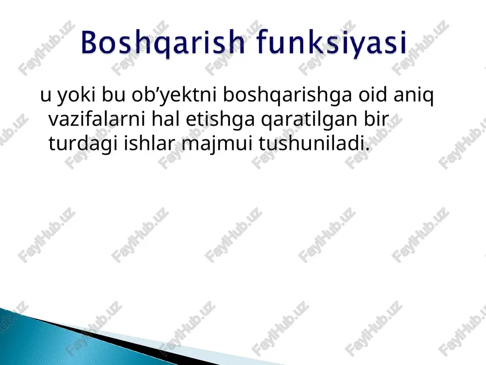 ni va o’rni 1. rejalashtirish - boshqarishning asosiy va dastlabki funksiyasidir. har qanday boshqarish reja tuzishdan boshlanadi. bu rejada: - boshqaruv maqsadlari va vazifalari, ularni amalga oshirish muddatlari belgilanadi; - vazifalarni amalga oshirish usullari ishlab chiqiladi; - bo’g’inlarda o’zaro aloqalar o’rnatiladi. rejalashtirishning umumiylik xususiyati shundaki, bunda har bir boshqaruv xodimi o’zining shaxsiy ishini rejalashtiradi, o’z ish joyidagi faoliyati ko’rsatkichlarini ishlab chiqadi, rejalarni qanday bajarayotganini nazorat qilishni uyushtiradi. 2. tashkil qilish bu funksiya boshqaruv ob’yekti doirasida barcha boshqariluvchi va boshqaruvchi jarayonlarning uyushqoqligini ta’minlaydi. shu nuqtai nazardan tashkil qilish ichki va tashqi shart-sharoitlarning o’zgarib turishiga qarab, amaldagi tizim tarkibini takomillashtirish yoki yangisini tuzish demakdir. bu funksiya joriy va strategik rejalarning ijrosini ta’minlash bo’yicha birinchi qadamdir. 3. muvofiqlashtirish va tartibga solish - rejalashtirish boshqarishning strategiyasi hisoblansa, muvofiqlashtirish boshqarishning taktik masalalarini hal qiladi. - bu funksiyaning asosiy vazifasi oqilona aloqalar o’rnatish yo’li bilan boshqariladigan tizimning turli qismlari o’rtasida kelishib ish olib borishni ta’minlashdir. - …