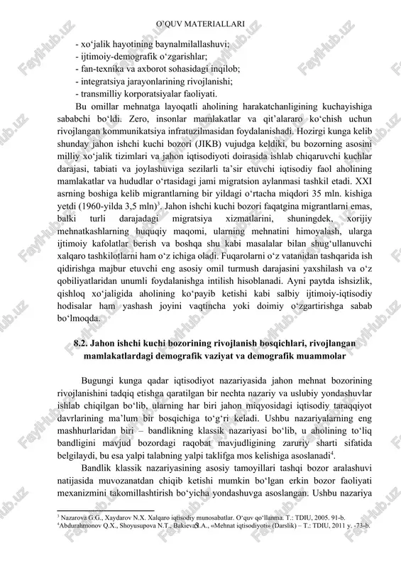 adir. shunday qilib, bu omillar (tashqi - qurg‘oqchilik, iqtisodiy pasayish va ichki omillar) iqtisodiyotni yanada qiyin ahvolga solib qo‘yadi. shuning uchun ham keynschilar mehnat bozorini avtomatik tarzda tartibga solish mexanizmini inkor qiladilar. bu konsepsiyaga ko‘ra, baho (ish haqi) bozor regulyatori emasligi (bo‘lmasligi) tufayli ham u chetdan kiritilishi kerak. bozor regulyator rolini davlat bajaradi. davlat yalpi talabni kamaytirib yoki ko‘paytirib mavjud tengsizlikka barham berish mumkin. shunday qilib, bu modelga ko‘ra, ishchi kuchiga talab mehnatga bo‘lgan bozor baholarining tebranishlari bilan emas, balki yalpi talab bilan, boshqacha qilib aytganda, ishlab chiqarish hajmi bilan tartibga solinadi. monetarcha model. keynscha yondashuv tarafdorlari singari monetarchilar maktabi vakillari ham ishchi kuchiga bo‘lgan baholarning qat’iy strukturasida ham bu baholarning bir xil yo‘nalishdagi o‘sib boruvchi harakati shart-sharoitlaridan kelib chiqadilar. monetarchilar tomonidan ilgari surilgan yondashuvga ko‘ra, ishsizlikning tabiiy darajasi mehnat bozorining strukturasiga xos xususiyatlarni o‘zida aks ettiradi. uning o‘sishi bozordagi baholarni tez moslasha oladigan qilib qo‘yadi. me’yoriy amal qilishiga to‘sqinlik …
