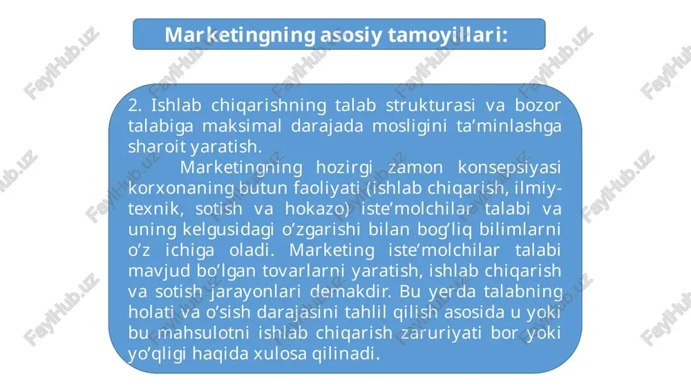 i ajratib kursatilgan: tovar (product), narx (price), sotish (place), reklama-ragbatlantirish (promotion). marketing faoliyatida extiyoj va muxtojlikni ayirboshlash orkali kondirish jarayonida albatta inson ishtirok etadi. shuning uchun yukorida kursatib utilgan marketing elementlari tarkibiga 5 “p” xam kiritilib, u kishilar (people) ekanligi aloxida takidlab utilgandir. marketing-miks elementlari kuyidagi chizmada kursatilgan. 1968 yilda f.kotler marketing-miks elementlari tarkibiga pablik-rileyshnz (public relations) va siyosatni (politics) kushib, oldingi 4 “p” ni 6“p” ga kengaytirib kursatdi. 24 marketing tizimi 5 «r» narx siljitish tovarni bozorda joylashtirish insonlar(kishilar) tovarlar, mahsulotlar marketing-miks bu bozorning murakkabligi va harakatchanligiga mos keladigan ko’p o’lchamli marketing strategiyasini har xil birikmalar va bog’lanishlarda ishlab chiqishga imkon beradigan turli xil marketing qurollari to’plamidir. 3. marketing – “miks” tushunchasi. muvaffaqiyatga erishish uchun zarur bo’ladigan amaliy qurollarning nomlari tasdifga ko’ra ingliz tilining r harfidan boshlanadi. marketing faoliyatining ushbu yig’indisini belgilash uchun «4p» formulasi ishlatiladi: product (tovar) — price (narx) — promotion (siljitish) — place (taqsimlash). ba’zi hollarda …