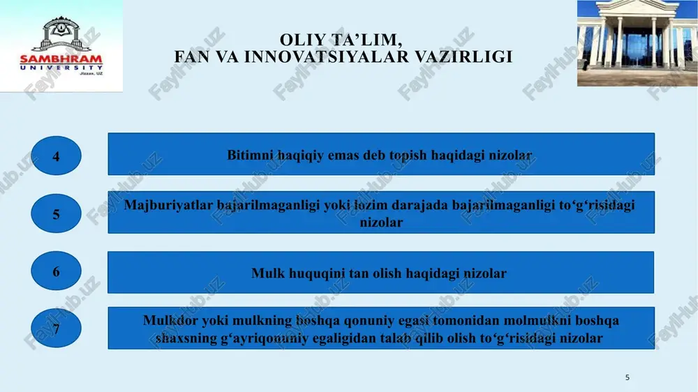 ; - hakamlik muhokamasi taraflari kelishuv bitimi tuzsa va u hakamlik sudining hal qiluv qarori bilan tasdiqlansa; - hakamlik muhokamasining taraflari mediativ kelishuv tuzgan boʻlsa; - hakamlik muhokamasi tarafi boʻlgan yuridik shaxs qonun hujjatlarida belgilangan tartibda tugatilgan boʻlsa; 18 oliy ta’lim, fan va innovatsiyalar vazirligi - hakamlik muhokamasi tarafi boʻlgan jismoniy shaxs vafot etgan boʻlsa yoki vafot etgan deb eʼlon qilingan boʻlsa yoxud bedarak yoʻqolgan deb topilgan boʻlsa va huquqiy vorisdan hakamlik muhokamasini davom ettirish toʻgʻrisida ariza tushmasa; - ayni bir hakamlik muhokamasi taraflari oʻrtasidagi, ayni bir predmet toʻgʻrisidagi va ayni bir asoslar boʻyicha kelib chiqqan nizo yuzasidan vakolatli sudning yoki hakamlik sudining qonuniy kuchga kirgan hal qiluv qarori mavjud boʻlsa. doimiy faoliyat koʻrsatuvchi hakamlik sudida koʻrilgan ishlar, agar doimiy faoliyat koʻrsatuvchi hakamlik sudining qoidalarida uzoqroq muddat belgilanmagan boʻlsa, mazkur hakamlik sudida uch yil mobaynida saqlanadi. muvaqqat hakamlik sudi tomonidan koʻrilgan ish hal qiluv qarori qabul qilinganidan keyin bir oy …