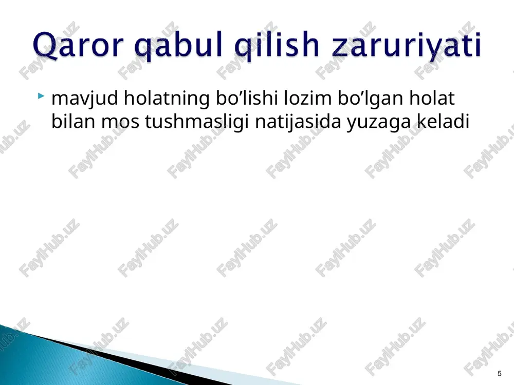 qarorlarga misol bo’la oladi. tezkor (operativ) qaror kechiktirmay ijro etish uchun chiqariladi. masalan, tabiiy ofat sodir bo’lgan hollarda uni bartaraf qilish bo’yicha qabul qilingan qarorlar ana shunday qarorlar turkumiga kiradi. muntazam qarorlar belgilangan muddatlarda chiqariladi. masalan, xo’jalik faoliyati yakuniga doir qabul qilinadigan (dekada, oy, yil choragi, yarim yillik, to’qqiz oylik va yillik) qarorlar shunday qarorlarga misol bo’la oladi. * bu qarorlarni ishlab chiqish jarayonida barcha bahsli masalalar va turli-tuman fikrlar yuzasidan bir bitimga kelish yoki kelishishdir. * yapon biznesida keng qo’llaniladigan usuldir. bu usulga ko’ra majlislarda emas, balki so’rab chiqish yo’li bilan rozilik olish vositasida hal etiladi, bir necha bosqichda amalga oshiriladi. yaponiyada “ringi” usulini ehtiyotkorlik, avaylash, jamoat mas’uliyatini oldinga suruvchi boshqaruv falsafasining ko’rinishlaridan biri deb hisoblash odat tusiga kirgan. * mo’tadil, muvozanatlashgan qarorlar; turtki beruvchi (impulsli) qarorlar; tinch holatni saqlovchi (inertli) qarorlar; tavakkalli qarorlar; ehtiyotkorona qarorlar; oqilona qarorlar. * qaror qabul qilishdagi asosiy masala faqat muqobil variantni tanlash emas, …