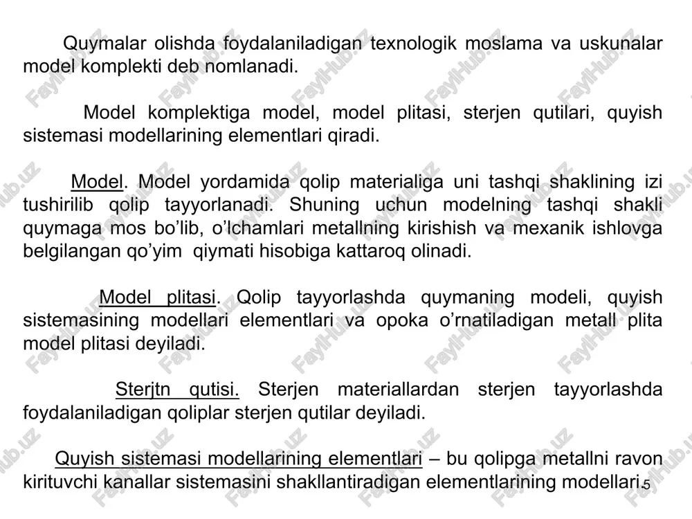 qolip buziladi. afzalliklar: devorlari 0,5 mmli murakkab juda aniq va silliq quymalar olinadi; metallning sarfi kamayadi. kamchiliklar: qimmatbaho qurilmalar ishlatilishi; jarayonni uzoq davom etishi; yirik quymalarni olish qiyin. * 3.5. quyushning markazdan qochma usuli. markazdan qochma usul yuqori unumligi, quyma sifatining yaxshiligi, quyish sistemasi talab etilmasligi bilan ajralib turadi. bu usulning kamchiligi - faqat doiraviy shakldagi quymalarni olinish mumkin va qōshimcha uskunalar (presslar, platformani aylantiruvchi dvigatel) talab qilinadi. olinadigan quyma turiga kōra qoliplar gorizontal (suv va kanalizatsiya quvurlari) va vertikal ōqlar (shkiv, tishli ѓildirak vtulka, halqa) atrofida aylanadi. §4. quymakorlikda ishlatiladigan pechlar va qurilmalar chōyanni eritish uchun domna pechiga ōxshagan vagranka deb nomlanadigan pech ishlatiladi. vagrankada chōyan koks yordamida eritiladi. chōyanni zararli qōshimchalardan tozalash uchun vagrankaga flyus ham qōshiladi. vagranka pechi domna pechiga ōxshasa ham, unda chōyan faqat qayta eritiladi. pōlatlarni va rangli kotishmalarni suyultirish uchun kichik konvertorlar, marten pechlar, elektr pechlar ishlatiladi. * ko’plab ishlab chiqarishda qolip aralashmasi maxsus …