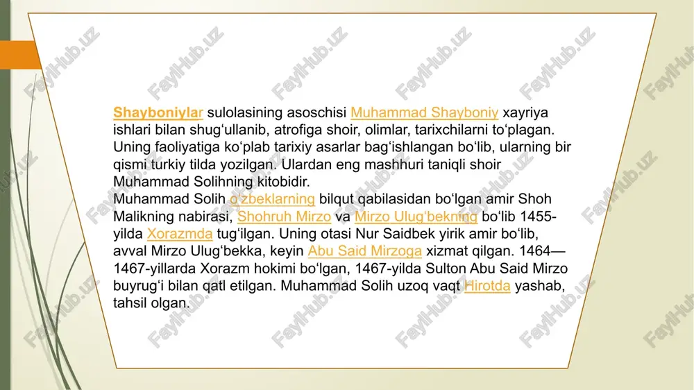 i”ning soʻnggi bobini tugatmay, ogʻir xastalikdan vafot etadi. u hikoyani 1644-yilgacha yetkazishga muvaffaq boʻladi. 1644-1663-yillar voqealarini qamrab olgan 9-bobning davomi anushaxonning topshirigʻiga koʻra boshqa tarixchi – mahmud ibn mulla muhammad urganchiy tomonidan yozilgan. xuddi shu tarixchi kitobning 1-4 bobini qaytadan yozgan[13]. “turklarning nasabnomasi”ning oʻzbek adabiyoti uchun ahamiyati shundaki, u chigʻatoy yozuvi an’anasining yuksak uslubidan foydalanmasdan, oʻzbeklarning umumiy shevasida yozilgan. muallifning oʻzi shunday yozgan edi: “hamma yaʼni olijanob va sodda xalq tushinsin deb men bu hikoyani turkiy tilda yozdim, asarimni besh yoshli bola ham tushuna oladi; tushunarli qilish uchun men chigʻatoy-turkiy, fors va arab tillaridan birorta ham soʻz qoʻshmadim”. a.k. borovkovning soʻzlariga koʻra, “bu yerda, siz koʻrib turganingizdek, bu yerda koʻproq uslublar kurashi — tarixchining oddiy uslubi va “chigʻatoy” yuqori uslubi haqida bormoqda yana bir xivalik tarixchi — shermuhammad munis xorazmiy (1778—1829) oʻzbeklarning yuz urugʻidan boʻlgan[16]. munis, avvalambor, atoqli oʻzbek shoiri va tarjimoni sifatida tanilgan. 1806-yilda eltuzarxon (1804-1806) buyrugʻi bilan xiva …