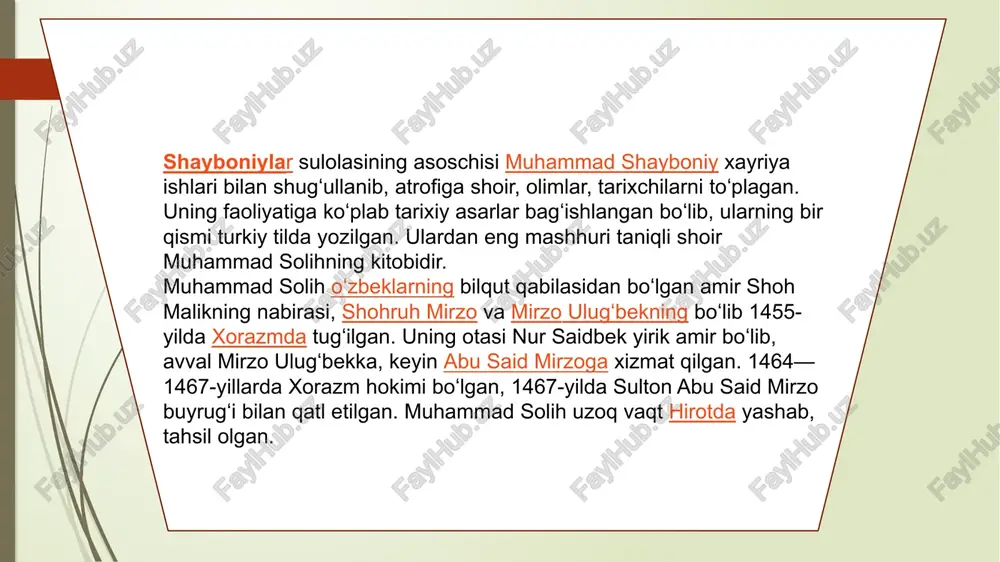 ing soʻnggi bobini tugatmay, ogʻir xastalikdan vafot etadi. u hikoyani 1644-yilgacha yetkazishga muvaffaq boʻladi. 1644-1663-yillar voqealarini qamrab olgan 9-bobning davomi anushaxonning topshirigʻiga koʻra boshqa tarixchi – mahmud ibn mulla muhammad urganchiy tomonidan yozilgan. xuddi shu tarixchi kitobning 1-4 bobini qaytadan yozgan[13]. “turklarning nasabnomasi”ning oʻzbek adabiyoti uchun ahamiyati shundaki, u chigʻatoy yozuvi an’anasining yuksak uslubidan foydalanmasdan, oʻzbeklarning umumiy shevasida yozilgan. muallifning oʻzi shunday yozgan edi: “hamma yaʼni olijanob va sodda xalq tushinsin deb men bu hikoyani turkiy tilda yozdim, asarimni besh yoshli bola ham tushuna oladi; tushunarli qilish uchun men chigʻatoy-turkiy, fors va arab tillaridan birorta ham soʻz qoʻshmadim”. a.k. borovkovning soʻzlariga koʻra, “bu yerda, siz koʻrib turganingizdek, bu yerda koʻproq uslublar kurashi — tarixchining oddiy uslubi va “chigʻatoy” yuqori uslubi haqida bormoqda yana bir xivalik tarixchi — shermuhammad munis xorazmiy (1778—1829) oʻzbeklarning yuz urugʻidan boʻlgan[16]. munis, avvalambor, atoqli oʻzbek shoiri va tarjimoni sifatida tanilgan. 1806-yilda eltuzarxon (1804-1806) buyrugʻi bilan xiva …