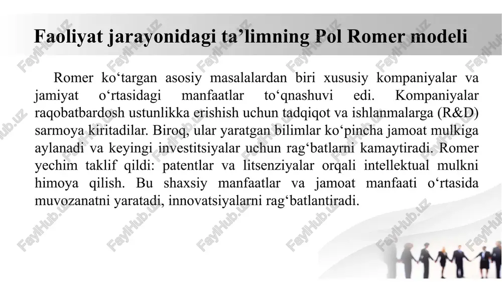 ari (r&d) modelda ilmiy-tadqiqot ishlari (r&d) iqtisodiy o‘sishning harakatlantiruvchi kuchi sifatida qaraladi. 🔹 firmalar innovatsiyalarga investitsiya qiladi, chunki ular yangi texnologiyalar yaratish orqali raqobat ustunligi va monopol daromad oladi. 🔹 innovatsiyalar eskirgan mahsulotlarni bozordan siqib chiqaradi, bu esa schumpeterian yaratib yo‘q qilish jarayonini yuzaga keltiradi. modelning asosiy elementlari b) monopoliyaga asoslangan iqtisodiy o‘sish grossman va helpman modelida bozor raqobati va monopolistik o‘sish asosiy rol o‘ynaydi: ✅ yangi texnologiyani birinchi bo‘lib ishlab chiqqan firma vaqtincha monopoliya mavqeiga ega bo‘ladi. ✅ innovatsiyalar orqali kompaniyalar yuqori daromad olishadi. ✅ biroq, vaqt o‘tishi bilan yangi firmalar ham texnologik taraqqiyotga hissa qo‘shib, yangi innovatsiyalar orqali eski monopoliyalarni yo‘q qiladi. modelning asosiy elementlari c) xalqaro savdo va texnologik diffuziya modelning muhim xususiyatlaridan biri xalqaro savdo va texnologik tarqalish (diffuziya) rolini hisobga olishidir: 🔹 texnologiyalar xalqaro savdo orqali bir mamlakatdan boshqasiga tarqaladi. 🔹 savdo jarayonida rivojlangan mamlakatlar innovatsiyalarga ko‘proq e’tibor qaratadi, chunki ular ilg‘or texnologiyalardan foyda oladi. …