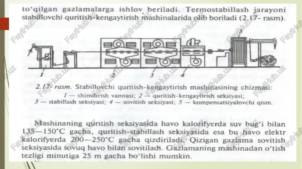 ni o‘ziga tortadi. natijada, ular shishadi va kaltalashadi. kuchli taranglangan ip turkumlari o‘zaro bukilishini o‘zgartiradi. materiallarning kirishishini kamaytirish uchun tolalar tarkibiga namni kam shimadigan tolalar qo‘shiladi, kengaytirish, bug‘lash, maxsus kirishtirish mashinalarida ishlov berish, larishmaydigan yoki kam kirishadigan qilib maxsus pardozlash usullari qo‘llaniladi (1.7-jadval). 1.7-jadval material | namuna | nazorat | ishlov ishlov berish tartibi turi shakli va | masofa- | berish o‘lchovlari | simm turi _mm. ipva | 2namuna| 200 | yuvish [t=30 mindavomida yuvish zig‘ir mashinasida 1 | suvga 4 g sovun va 1 tolali = soda solingan eritmada yuviladi. matolar eritmaning harorati t=70-80°c ga teng bo‘ladi. yuvilgandan keyin na- muna toza suvda 2 min. davomida chayiladi va quritiladi. jun 220 | ivitish [t=1 soat: =18-20°c. toza suv tezlash- matolari tirilgan usulda: t=20 min; t=55-60°c. toza suv. ipak | tandava | 150 | yuvish |t=30 min: t=55-60°c: 1 litr suvga 2 matolari | arqoq & sovun, 2 min. davomida …