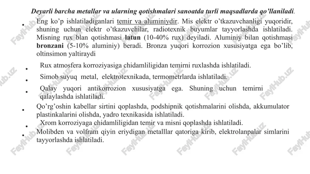 di; tabiiy gaz metan ham kiritiladi. metan ham yoqilg'i, ham qaytaruvchidir, chunki u yonganda hosil bo'lgan suv cho'g' holdagi koks bilan birikib vodorod gazini hosil qiladi. vodorod esa kuchli qaytaruvchidir. reaksiya tezligi haroratga ham bog'liq bo'ladi. domnada haroratni oshirish uchun, unga puflanadigan havo avval kauperlarda qizdiriladi. bunda ko'pincha reaksiya issiqligidan foydalaniladi. kimyoviy reaksiya tezligini oshiradigan omillardan yana biri yuza ta'sirini oshirish, domnaga tushiriladigan ruda, koks va flyus ma'lum optimal o'lchamga ega bo'lishi lozim. cho’yan ishlab chiqarishda boradigan asosiy reaksiyalar. cho'yan domna pechi deb ataluvchi reaktorlarda eritib olinadi. cho'yan eritib olish jarayonida quyidagi kimyoviy reaksiyalar boradi. shixta tarkibidagi koks ham pechning ostidan domna havo qizdirgichlarida (kauperlar) 800°c gacha qizigan va kislorodga boyitilgan gaz bilan to'qnashib yonadi. c+o2=co2+401 kj ch4+ 2o2 = co2 + 2h2o + 802,5 kj yuqoridagi reaksiyalar natijasida hosil bo'lgan gazlar ham (co2, h2o) turli ta'sirotlariga uchraydi. co2 gazi pechning yuqorisiga ko'tarilib, issiq koks bilan reaksiyaga kirishadi va is …