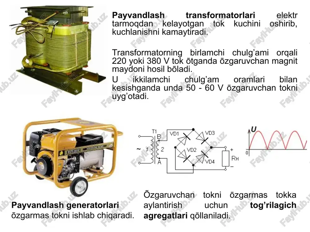 an-348a, 3-5 mm li markasi sv-08a payvand simi. elektr yoy flyus qatlami ostida yopiq bo’shliqda yonadi. ustidan yoy erigan shlak qatlami bilan, tagidan payvand vanna bilan chegaralanadi. payvandlash jarayonida bo’shliqda bosim ortadi va vaqti-vaqti bilan gazlar tashqariga chiqib turadi. metallarni himoyalovchi gazlar muhitida payvandlash himoyalovchi gazlar muhiti sifatida inert (argon, geliy) hamda aktiv gazlar (karbonat angidrid gazi) ishlatiladi. bunda iloji boricha chok sifati va yuqori ish unumini ta’minlovchi avtomatik va yarim avtomatick usullar qo’llaniladi. chokbop simni markalari: sv-08g2s; sv-12gs; sv-08gsmt bu usulni afzalliklari metall oksidlanishda yaxshi himoyalangan; har xil fazoviy holatlarda payvandlash mumkin; argon gazi ishlatilganda chok ustida shlak qatlami paydo bolmaydi; payvand chokning shakllanishini kuzatish va rostlash mumkin ; elektr yoy bilan payvandlashga qaraganda ish unumi ancha yuqori; karbonat angidrid gazi ishlatilganda usul nisbatan arzon. bu usul samolyot qismlarini, quvurlarni, qiyin eriydigan metallarni (titan va niobiy kabi) va rangli metallarni (alyuminiy, mis kabi) payvandlashda qo’llaniladi. qalin metallarni elektroshlak usulida …