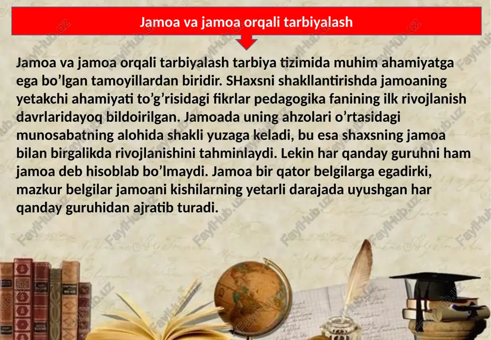 nazorat qilish va boshqarish jarayonini tash­kil etuvchi mustaqil tizim, shuningdek, o’zining psixologik muhitiga, anhanalariga ega guruh hisoblanadi. demak, yuksak darajada o’stirilgan jamoa o’zida bir necha xususiyat belgilarini namoyon etadi. ular quyidagilardir jamoaning o’ziga xos xususiyatlari ijtimoiy ahamiyatga ega yagona maqsadning mavjudligi birgalikdagi umumiy faoliyatning tashkil etilishi majburiy mashuliyatli munosabatning yo’lga qo’yilishi saylangan umumiy rahbariy organga egalik jamoani tashkil etishning o’ziga xos xususiyatlari. 2. o’quvchilar jamoasining rivojlanish darajasi va bosqichlari. xi asrdayoq abu ali ibn sino o’zining «tadbiri manzil» nomli ilmiy asarining maxsus «amuzish va parvarishi modrasas farzand» («bolalarni maktabda o’qitish va tarbiyalash») bo’limida o’quvchilarga jamoali o’qitish haqida quyidagi tavsiyalarni beradi: agarda o’quvchilar birgalikda o’qisalar, ular zerikmaydilar, fanni o’rganishga qiziqish kuchayadi; ularda bir-birlaridan ortda qolmaslik uchun o’zaro musobaqalashish istagi rivojlanadi, ular bolaning o’qishi yaxshilanishiga yordam beradi; o’zaro suhbatlarda o’quvchilar kitobdan o’qish yoki kattalardan eshitgan qiziqarli ma`lumotlarni bir-birlariga aytib beradilar; bolalar birgalikda, yig`ilganlarida bir-birilari bilan do’stlashadilar va bir-birlarini hurmat qiladilar; ular faqatgina …