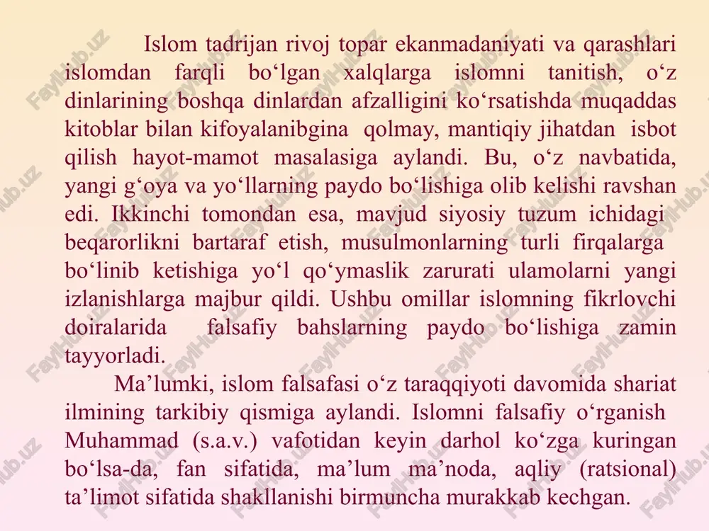 ti aql va tafakkurga emas, balki ilohiy ko‘rsatmalarga asoslangan bo‘lgani uchun islom dinining ilk davrlarida faqatgina qur’on va sunna ta’limoti bilan cheklanish shart sanalib, mantiq, falsafa, kalom kabi fanlardan foydalanish qat’iy ravishda taqiqlangan. shu ta’qiqlardan kelib chiqib, kalom ilmini tanqid qilgan mashhur shaxslarning so‘zlaridan iqtiboslar keltiramiz: abu hanifa (imom a’zam): «amr ibn ubaydni xudo ursin, -kalom ilmiga o‘sha eshik ochib berdi.» abu hanifaning bosh shogirdi abu yusuf: «falsafa ilmini o‘rganish, bilish-jaholat. uni bilmaslik ilm». molik ibn anas: «johillardan uzoq yuringiz. ular kim desangiz, ular allohning zoti va sifatlari haqida sukut saqlash o‘rniga o‘tmishda ajdodlarimiz aytmagan gaplarni gapiradiganlardir». imom shofiiy: «oxiratda allohning huzuriga shirkdan va falsafa ilmidan boshqa har qanday gunohlarim bilan borganim yaxshiroqdir». ahmad ibn hanbal: «falsafa ilmi bilan shug‘ullanuvchi odam hech qachon iqbolli bo‘lmas». falsafa ilmiga nisbatan ijobiy munosabatning shakllanishi. islom dini dunyoning ko‘p mamlakat va xalqlariga tarqalishi va islom mafkurasining turli noislomiy mafkuralar bilan to‘qnashuvi natijasida ularga raddiya …