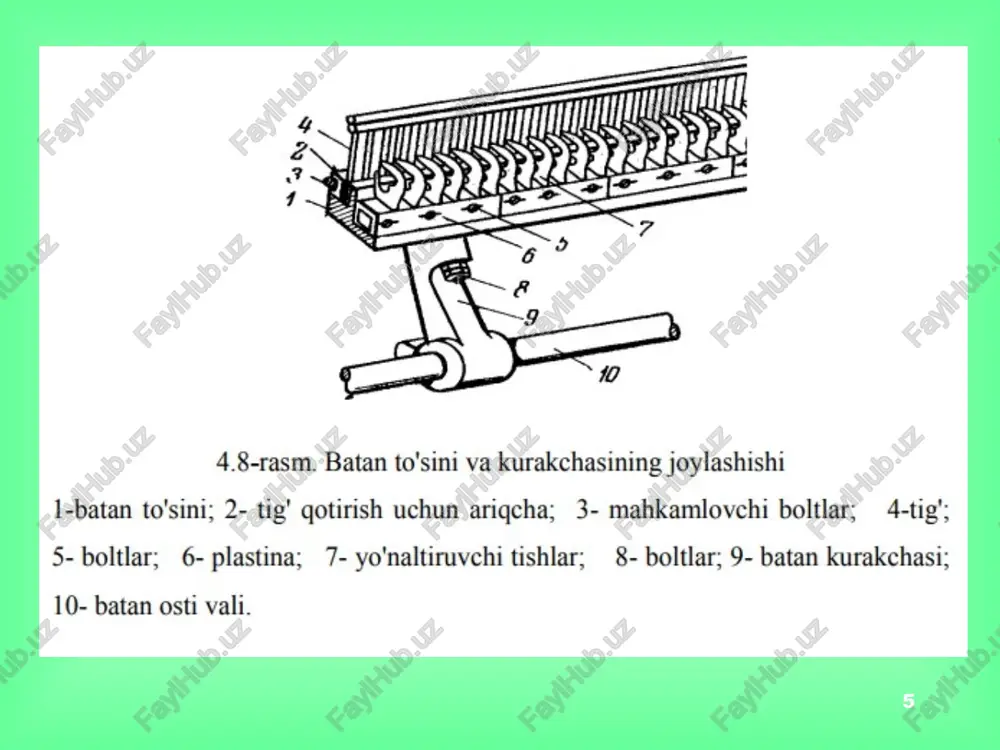 anligi va tig' og'irligini kamligi hisobiga jipslashtirish jarayoni ravon va aniq amalga oshiriladi. buning natijasida mexanizmning tebranishi kamayib, jipslashtrish yo'lakchasi nuqsoni bartaraf etiladi. mexanizmda tig'ni turg'unlik davrini kerakli vaqtga rostlash imkoniyati borligi uchun, arqok tashlash vaqtini ko'paytirish mumkin. bu esa turli xil (zichiqli zichiligi, turi va h.k.z iplar) arqoq iplarini tashlash imkoniyatini kengaytiradi. ta'lim ma+sadlari * ta'lim ma+sadlari * ta'lim ma+sadlari * ta'lim ma+sadlari * sulzer textil g6200e rapirali to'quv dastgohini batan mexanizmi sulzer textil g6200e rapirali to'quv dastgohi halqali sochiq to'qimalari ishlab chiqarishga mo'ljallangan. shuning uchun dastgohga maxsus batan mexanizmi o'rnatilgan (4.16-rasm). ma'lumki, halqali to'qimalar ishlab chiqarishda batan mexanizmini harakati boshqa to'qimalar ishlab chiqarishga nisbatan farq qiladi. halqali to'qima o'rilishiga qarab batan mexanizmini harakati rostlanadi. dastgohga yuqori dinamik holatda ishlovchi batan mexanizmini g'ildiraklar qutisi o'rnatilgan va mexanizm to'liq dastur yordamida boshqarilib, turli xil standart halqali to'qimalar ishlab chiqarish imkoniyatiga ega. ta'lim ma+sadlari * 4.7-rasm. stb dastgohida kulachokli batan mexanizmi …