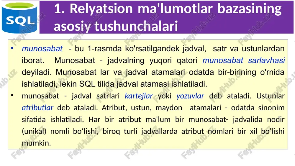 nli kod. 18 5. o'quv ma'lumotlar bazasi lecturer_id - o'qituvchini aniqlaydigan sonli kod, surname - o'qituvchining familiyasi, name - o'qituvchining ismi, city- o'qituvchi yashaydigan shahar, univ_id - o'qituvchi ishlaydigan universitet identifikatori. 19 5. o'quv ma'lumotlar bazasi subj_id - o'rganiladigan fan identifikatori, subj_name - o'rganiladigan fan nomi, hour - fanni o'rganishga ajratilgan soatlar miqdori, semester - ushbu fan o'rganiladigan semestr. 20 5. o'quv ma'lumotlar bazasi univ_id - universitet identifikatori, univ_name - universitet nomi, rating - universitetlar reytingi, city - universitet joylashgan shahar. 21 5. o'quv ma'lumotlar bazasi exam_id - imtihon identifikatori, student_id - talaba identifikatori, subj_id - o'rganadigan fan identifikatori, mark - imtihon bahosi, exam_date - imtihon sanasi. 22 5. o'quv ma'lumotlar bazasi lecturer_id - o'qituvchining identifikatori, subj_id - o'rganadigan fan identifikatori. 23 6. sodda select so'rovlari sql tilining select (tanlash) operatori eng muhim va ko‘p ishlatiladigan operatori hisoblanadi. ma'lumotlar bazasi jadvallaridan ma'lumotlarni olish uchun mo'ljallangan. select operatorining soddalashtirilgan sintaksisi quyidagicha. …