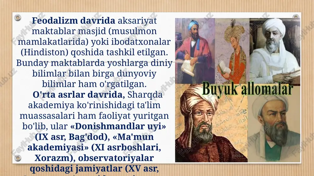 arning tashabbusi bilan dehqon va hunarmandlarga ta’lim beradigan kattalarning yakshanbalik maktablari paydo bo‘la boshladi. shuningdek, dastlabki xalq kutubxonalari va o‘quv zallari (qiroatxonalar), mehnatkashlar uchun tekin kutubxonalar tashkil etildi; umumta’lim, amaliy va kasbiy bilimlarni ommalashtirishning keng tarqalgan shakllaridan biri xalq o‘qishlari o‘tkazila boshlandi. bilimlarni ommalashtirishda bilim jamiyatlari va komitetlari muhim rol o‘ynadi. bunday muassasa a’zolari xorij va rus yozuvchilarining eng yaxshi asarlarini chop etish, yozgi pedagogik kurslarni tashkil etish, xalq maktablari va kutubxonalarini yaratish kabi ishlar bilan shug‘ullanishgan. sankt-peterburgda 1861-yilda tashkil etilgan bilim jamiyatiga l.n.tolstoy, i.s. turgenev kabi mashhur yozuvchilar a’zo bo‘lishgan. xalq ta’limining rivojlanishida pedagogik muzeylarning tashkil etilishi katta ahamiyatga ega bo‘lgan. bunday muzey nafaqat rossiyada, balki butun dunyoda dastlab 1864-yilda peterburgda harbiy-o‘quv yurtlarining pedagogik muzeyi tashkil etilgan. dastlab muzey faqat xorijda nashr etiladigan o‘quv qo‘llanmalarni tizimlashtirish, mamlakatimizda yaratiladigan o‘quv qo‘l~ lanmalarni ishlab chiqish, o‘qitishning ilg‘or metodlarini ommalashtirish bilan shug‘ullangan. keyinchalik muzeyda katta ilmiy tadqiqot ishlari olib borilgan, pedagogika fanining …