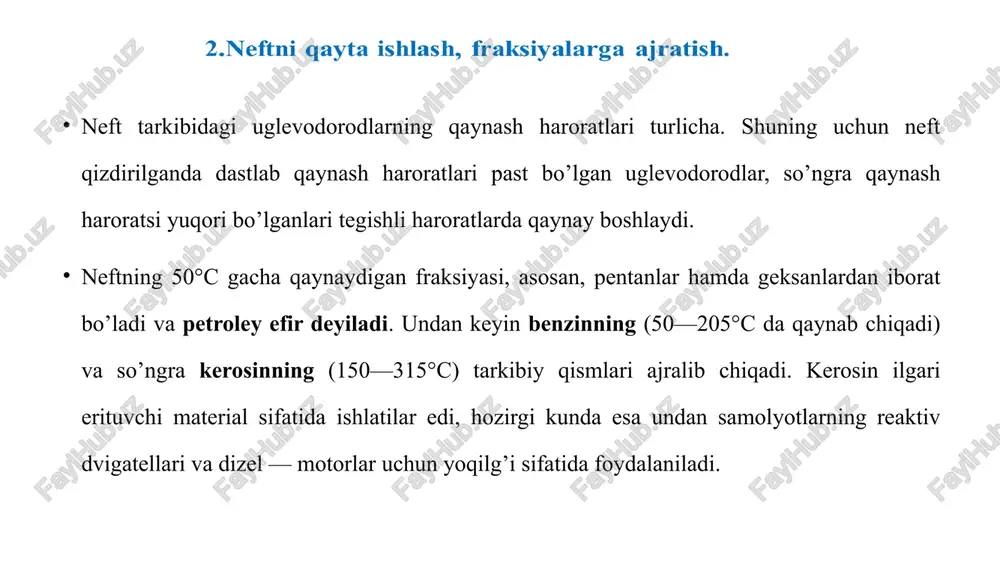 igini oshirish, ya’ni oktan soni katta bo’lgan ѐqilg’ilar olish uchun ular tarkibidagi uglevodorodlar izomerlanadi va aromatlanadi ѐki benzinlarga antidetonatorlao qo’shiladi e’tiboringiz uchun raxmat! image1.jpeg image2.jpeg image3.jpeg image4.jpeg image5.png image6.png image7.jpeg image8.png image9.jpeg image10.jpeg image11.jpeg image12.jpeg image13.png image14.jpeg image15.jpeg image16.emf image17.jpeg image18.jpeg het gazsmon sug at afalstneidan rt nysmon, oh andan gra angach levodroling tangi-sag yt oh yogi ida ea sudan yng dolan suai neftning tarkibida, uglevodorodlardan tashqari, ba'zan kislorodli, oltingugurti va azotl birikmalar ham 2.neftni qayta ishlash, fraksiyalarga ajratish. ber bu fraksiya molekulasida uglerod atomlarining soni 5 dan 9 tagacha bo‘lgan uglevodorodlardan iborat bo‘lib, ulardan quyidagi mahsulotlar olinadi: petroley efiri, asosan, erituvchi sifatida ishlatiladi. lexnikening gays! sohasida ishlatilisniga ke'ra aviatsion, avlomesil benzini va hokazolarga bo'linadi. texnikada ofvigpeermn fraysivasi, asosan, ich yornuv dvigatellarida yonilg‘i sifatida ishlatiladi. bu fraksiya dizel dvigatellari uchun yonilg‘i sifatida ishlatiladi. il. kerosin fraksiyasi. » bu fraksiyani tashkil [8 a qilgan uglevodorodlar molekulasida - © uglerod atomlarining or …