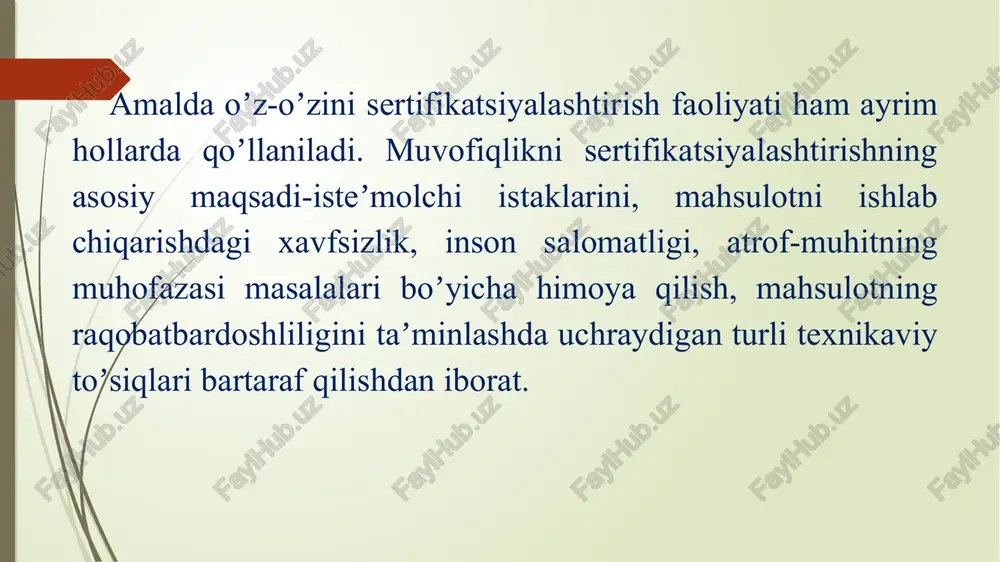 t berish orqali tasdiqlash kabi faoliyatidir. ishlab chiqarish va sifat tizimlarini sertifikatsiyalashtirishdagi tekshirish va baholash obʼektlari quyidagilar boʼlishi mumkin: - sifatni yaxshilash va boshqarish faoliyati; - ishlab chiqarish tizimi; - mahsulotning sifati. shunday qilib, ishlab chiqarish va sifat tizimlarini sertifikatsiyalashtirish mahsulot ishlab chiqarishning barcha jabhalarini oʼz ichiga olar ekan. mahsulotning sifati quyidagi axborot manbalaridan iborat: - tayyor mahsulotni topshirilayotgandagi uning sifat koʼrsatkichlari (texnologik nazorat tomonidan); - isteʼmolchi tomonidan sifatni tekshirgan turli tashkilotlar tomonidan mahsulotning sifati toʼgʼrisidagi berilgan bayonnomalari. ishlab chiqarish va sifat tizimlarini sertifikatsiyalashtirishda mahsulot sifatini tekshirish va ularni tahlil qilish uchun, oldindan rejalashtirilgan sinovlar oʼtkazish uchun maxsus laboratoriyalar boʼlishi shart emas. mahsulotning sifatini taʼminlash va uni boshqarish boʼyicha korxonaning faoliyati hamda sifat tizimlarini sertifikatsiyalashtirish 9000-9003 iso xalqaro standartlari boʼyicha tanlangan model talablariga muvofiqlik bosqichma-bosqich amalga oshiriladi va baholanadi. hozirgi paytda xalqaro standartlarning uchta modeli (tizimi) ishlab chiqilgan, ular: 1. 9001 seriyali iso xalqaro standarti (xs) «sifat» tizimi. mahsulot sifatini …
