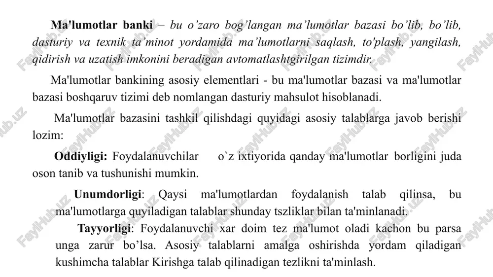 t bo‘ladi: boshlang‘ich dasturni nazorat qilish va uni obj turga aylantirish; matn muharriri yordamida dasturni exe faylga aylantirish. exe faylning bajarilishi uchun mbbt ning mavjud bo‘lishi shart emas, interpretator tartibida ishlaydigan mbbt ga dbase iii plus, foxbase va karat kiradi, kompilyator tartibida clipper, panel tartibida esa clario ishlaydi. e’tiboringiz uchun rahmat!!! image1.png image2.png mysers (= “es cracle sybase: s6t server: /docprops/thumbnail.jpeg mae. malema baal ies ln esol rae 2. ma'am eas nob ming ny ar