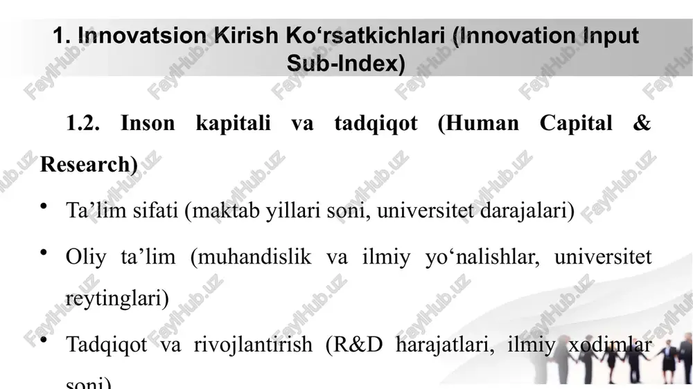 sinash foydalanuvchilar fikrini o‘rganish (beta testing, pilot dasturlar) mahsulotni sertifikatsiya qilish va muvofiqlik tekshiruvi takomillashtirish va optimallashtirish 5. ishlab chiqarish (manufacturing & scaling up) ommaviy ishlab chiqarish jarayonini yo‘lga qo‘yish yetkazib berish zanjiri va logistika tizimini tashkil etish ishlab chiqarish samaradorligini oshirish mahsulot narxini belgilash va iqtisodiy modelni tekshirish 6. bozorga chiqarish va marketing (market launch & commercialization) marketing strategiyasini ishlab chiqish reklama va brendni targ‘ib qilish savdo tarmoqlari orqali tarqatish foydalanuvchi tajribasini doimiy monitoring qilish 7. innovatsiyani doimiy takomillashtirish (post-launch improvement & scaling) mijozlarning fikr-mulohazalarini o‘rganish mahsulotni yangilash va yangi versiyalarni ishlab chiqish raqobatchilar bilan taqqoslash va innovatsion yangiliklar kiritish mahsulotni yangi bozor segmentlariga kengaytirish image2.png image3.png image4.png image5.png image6.png image1.jpeg box table 1 economies with the most gii ranked top, 2024 economy inputs outputs cators total singapore united states china switzerland japan israel hong kong, china luxembourg sweden republic of korea iceland w © b a uw 0 …