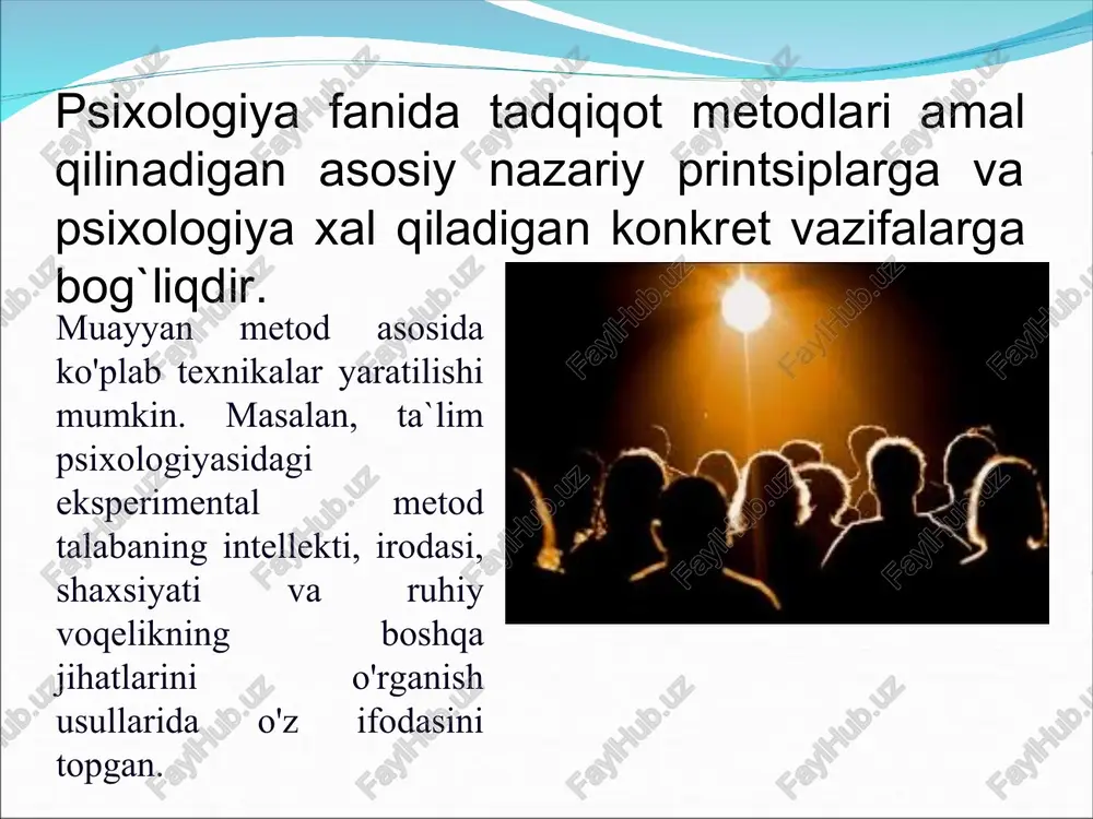 faoliyati va boshqalar ham o`rganiladi. ishchining dastgox yonidagi faoliyatini kuzatish natijasida uning o`z diqqatini taqsimlashi, tashqi qo`zg`atuvchidan ta'sirlanish darajasi haqida ma'lumot yig`ish mumkin. sport faoliyatini kuzatish orqali odam irodasi, ishchanligi, xis–tuyg`usini, o`zini idora qila olishini o`rganish mumkin. muloqot jarayonini kuzatish orqali xarakter, nutq, xis–tuyg`u xususiyatlarini, introvert yoki ekstravert ekanligini, qiziquvchanligini va boshqa xususiyatlarini aniqlash mumkin. tashqi kuzatishda ba'zan tafakkur bo`yicha ham ma'lumotlar olish mumkin. ish ustidagi qayfiyatini. fikrning ob'ektga yo`naltirilganligini, ta'sirga berilishi yoki berilmasligini, chexrasidagi tashvish va iztirobni, teranlik, termulish kabi ruhiy xolatlarni o`rganish mumkin. bundan tashqari qo`lning titrashi, asabiylashish, nutqning buzilishi, xissiyotning beqarorlashuvi singarilar ham o`rganiladi. psixologiyada o`zini–o`zi kuzatish (introspektsiya) usuli ham keng qo`llaniladi. suhbat. inson psixikasini o`rganishda suhbatning maqsadi va vazifasi belgilanadi, uning ob'ekti va sub'ekti tanlanadi, mavzusi, vaqti, joyi aniqlanadi, yakka, guruhiy va jamoa bilan bog`liq savol–javob tartibi tayyorlanadi. suhbatning bosh maqsadi muayyan bir vaziyat yoki muammoni xal qilish jarayonida inson psixikasidagi o`zgarishlarni o`rganishdir. test. test–inglizcha so`z …