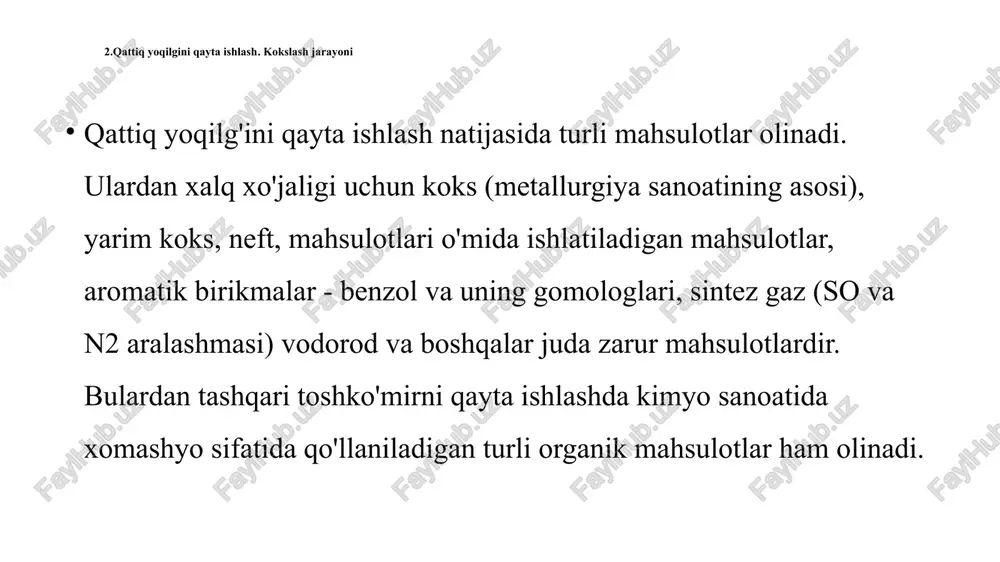 o'rtburchak shaklda bo'lib, unda o'tga chidamli gishtdan (dinas) qilinadigan ikkita ostki va gumbazli (ustki) qizdirgich devorlar o'matilgan bo'ladi. batareyalarning unumdorligi uning kattaligiga bog'lik bo'ladi. batareyalaming unumdorligi uning kattaligiga bog'lik bo'ladi. hozirgi zamon pechlarida kameraning balandligi 5-6 m, uzunligi esa 14-15 m, eni odatda qizdirg'ich devorlarning issiqlikni o't1c 3.tabiiy gaz va uning tarkibi. sanoatda olinadigan suniy gazlar. gazlarning turi gazlashtirish tizim larida ishlatiladigan gazlar ikkiga bominadi: 1. tabiiy gazlar, y a ’ni ye r ostidan qazib olinadigan gazlar. 2. sun’iy gazlar, qattiq yoki suyuq yoqilg ilarni qayta ishlash natijasida hosil qilinadigan gazlar. tabiiy gazlar ikkiga bo‘linadi: 1) toza gaz konlaridan chiquvchi gazlar. bunday gaz konlaridan toza tabiiy gaz qazib olinib, uning asosiy qismini metan ch4 tashkil qiladi. uning miqdori 92-98% ga boradi. qolgan qismini esa boshqa uglevodorodlar tashkil qiladi. bu gazlarning issiqlik berish qobiliyati 34-k59 mj/m3. bu gazlar havodan yengil. 2) yo'ldosh gazlar. bu gazlar yer osti qatlam larida neft bilan …