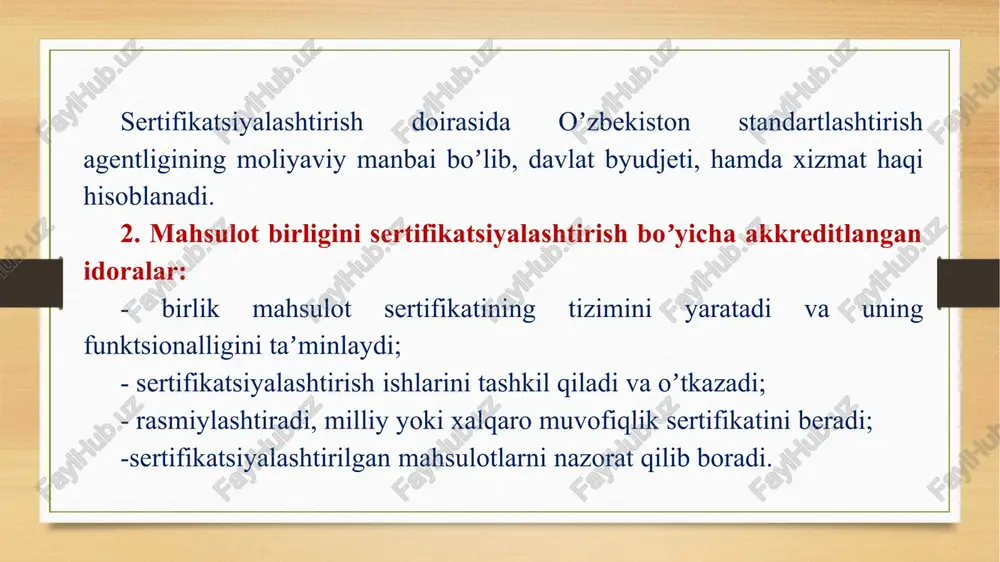 rish tizimlarini akkreditatsiya qilingan idoralar oʼzbekiston standartlashtirish agentligi bilan kelishgan holda belgilaydilar. sertifikatsiyalashtirish boʼyicha ish faoliyatiga umumiy talablar. sertifikatsiyalashtirish boʼyicha idora tomonidan belgilangan shartlarga mahsulotning mos kelishligini tasdiqlangan vaqtida muvofiqlik sertifikati beriladi, uning asosida taʼminlovchi bogʼliqlik belgisini qoʼllash huquqiga ega. muvofiqlik sertifikati namunalari, akkreditlashtirish haqidagi guvohnoma, milliy bogʼliqlik belgisining oʼlchami va shakli sertifikatsiyalashtirish tizimida ishlatiladi, oʼzbekiston standartlash-tirish agentligi tomonidan tasdiqlanadi. muvofiqlik sertifikati, bogʼliqlik belgisi, sertifikatsiyalashtirish va sinov laboratoriyasi boʼyicha idorani akkreditlashtirish haqidagi guvohnoma oʼzbekiston standartlashtirish agentligi tomonidan tasdiqlangan boʼlib, davlat reestriga belgilangan tartibda qayd qilinishi majburiy. agar muvofiqlik sertifikati, bogʼliqlik belgisi, sertifikatsiyalash-tirish va sinov laboratoriyasi boʼyicha idorani akkreditlashtirish haqidagi guvohnoma davlat reestrida belgilangan tartibda qayd etilmagan boʼlsa, noqonuniy hisoblanadi. guvohnoma egasi muvofiqlik sertifikatini, bogʼliqlik belgisi va sertifikatsiyalashtirish va sinov laboratoriyasi boʼyicha idorani akkredit-lashtirish haqidagi guvohnomani boshqa yuridik yoki jismoniy shaxslarga ishlatish uchun berib yuborish qatiʼyan man etiladi. litsenziya shartnomalarini tuzish tartibini oʼzbekiston standartlash-tirish agentligi belgilab turadi. image3.png image4.png /docprops/thumbnail.jpeg pav …