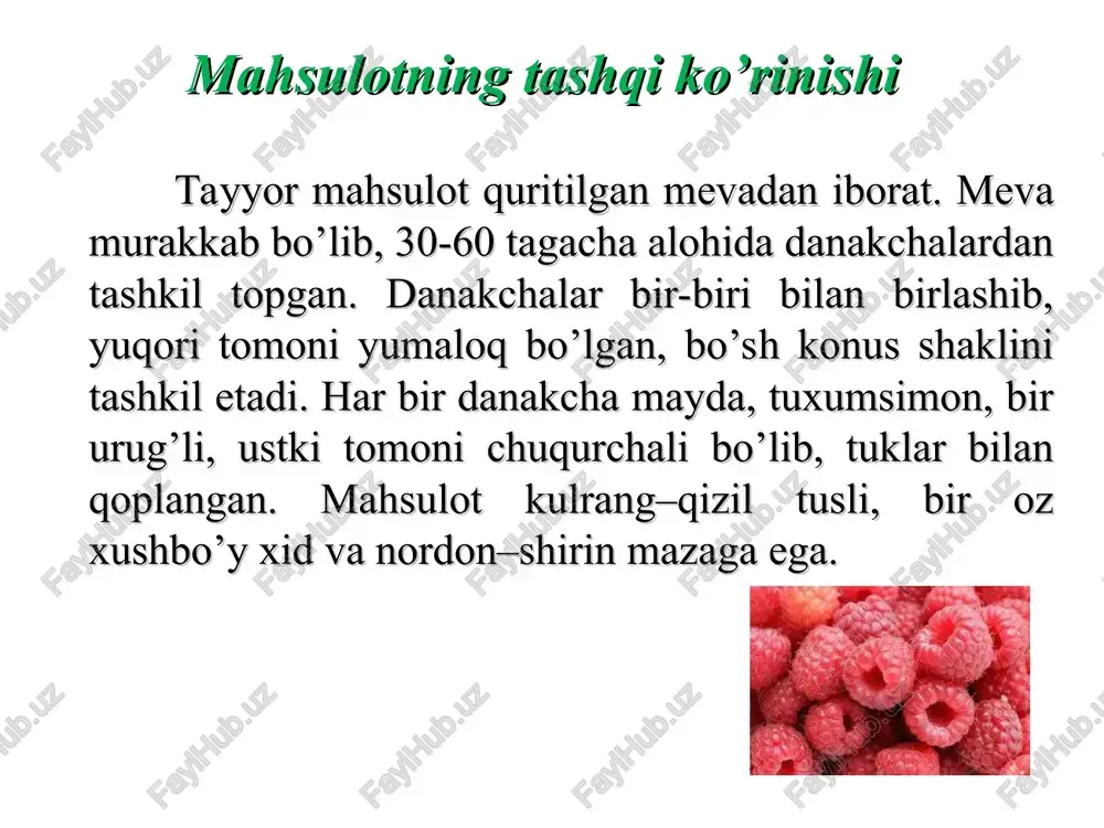 lari yuqorilashgan sari kichiklashib borib, yuqorisidagilari lantsetsimon bo’lib, bandsiz joylashgan. gullari shingil. kosacha bargi, tojbargi 4 ta, to’q sariq. mevasi chiziqsimon, ingichka, pishganda ochiladigan 7-12mm uzunlikdagi qo’zoq. urug’i mayda, yumaloq, och sariq yoki qo’ng’ir rangda. qora xantal tojbargining och sariqligi, to’rt qirrali, o’tkir uchli, urug’ining mayda va to’q qizil, qo’ng’ir rangli bo’lishi bilan sarept xantalidan farq qiladi. mahsulotning tashqi ko’rinishi tayyor mahsulot har ikkala o’simlikning urug’idan iborat. sarept xantali urug’i sharsimon, ustki tomoni chuqurchali (lupada ko’rish mumkin), och sariq yoki qo’ng’ir rangli bo’lib, diametri 1,2 mm. qoraxantal urug’ini farqi: diametri 1 mm (kichikroq) va rangi to’q qizil -qo’ng’ir. tarkibida sinigrin glikozidi bo’ladi. sinigrin urug’ tarkibidagi mirozin fermenti ta'sirida glyukoza, kaliy bisulfat va allilizo-tiotsianatga (xantal efir moyiga) parchalanadi. fermentatsiya jarayoni o’tkazilgan urug’dan xantal efir moyini suv bug’i yordamida haydab olish mumkin. xantal urug’i tarkibida 1,17-2,89% efir moyi bor. urug’da yana 23-47% yog’ va 26% gacha oqsil moddalar bor. kimyoviy tarkibi ishlatilishi. …