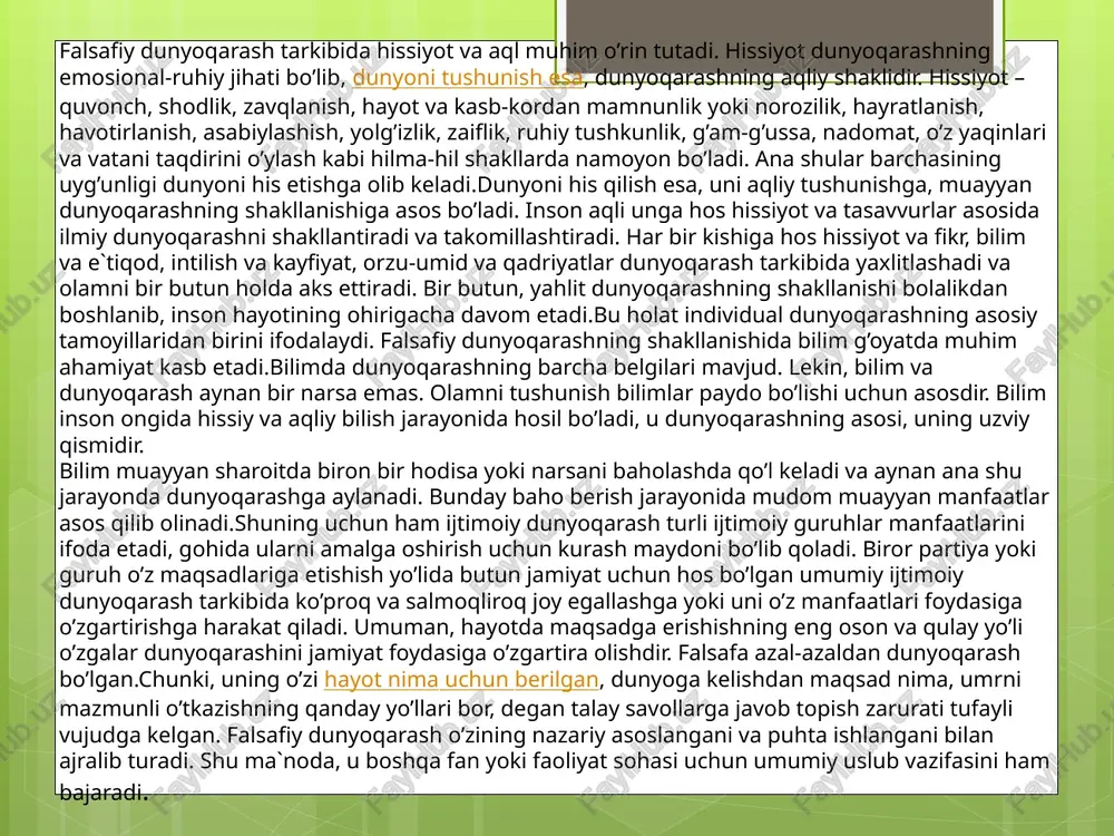gorliklarida biz keyinchalik falsafa muammolariga kirgan dunyoqarashning asosiy maslalarini qo‘yilganligini ko‘ramiz. misol uchun, birinchi dunyoqarashning manbalari haqidagi masalani olaylik. «rigveda»da (eramizdan oldingi ii mingyillikning ikkinchi yarmiga taalluqli bo‘lgan qadimgi hind adabiy yodgorligi) koinot madhi deb atalgan she'r mavjud bo‘lib, unda bu masala ro‘y-rost o‘rtaga qo‘yilgan: «bu dunyo nimadan paydo bo‘lgan, uni kimdir yaratganmi yoki yo‘qmi?» bu savolga hatto xudolarning o‘zlari ham javob bera olmaydilar, negaki, ularning o‘zlari dunyo «yaratilgandan keyin paydo bo‘lganlar». hamma narsa birinchi fikr urug‘i bo‘lgan xohishdan boshlangan[3]. «rigveda» dagi «purushaga madh» da koinotning kelib chiqishi haqida insoniy talqin berilib, unga binoan insondan –koinot (purusha) kelib chiqqan. hozirgi adabiyotlarda falsafaning vujudga kelishini marksizmning sinfiylik tamoyillariga asoslanib, quldorlik tuzumining shakllanishi bilan bog‘lab, uning tarixini uch ming yil deb hisoblanadi. fikrimizcha, qadimgi asotirlardayoq falsafiy fikrlashlar, olam va undagi hodisalarga aql ko‘zi va tajriba mezoni bilan qarash unsurlari mavjuddir. shu bilan birga falsafa tarixining rivojlanish bosqichlarini ijtimoiy taraqqiyotning u yoki bu …
