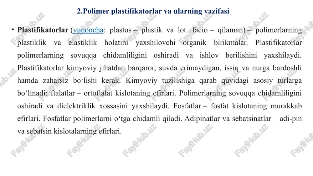 imyoviy tolalarni ishlab chiqarish miqdori tabiiy ipakdan oshdi, 1940 yilga kelib jundan oshdi. o‘zbekistonda (namanganda) urush yillarida rossiyadan ko‘chirib kelingan viskoza tolasini ishlab chiqaradigan korxona qurildi. 1969-yillarda farg‘onada asetat tolasi ishlab chiqaradigan korxona qurildi. 1970-yillarda navoiy shahrida nitron tolasi ishlab chiqaradigan korxona qurildi. 1998-yilda farg‘onada poliamid kord ishlab chiqaradigan zavod ishga tushdi. kelajakda poliamid shoyi va polietilen, polipropilen tolalari ishlab chiqaradigan korxonalar qurish rejalashtirilgan. tolalar ikkiga bo‘linadi; tabiiy tolalar. kimyoviy tolalar. tabiiy tolalar: o‘simlik va hayvonot olamidan olinadi. ularga: paxta, ipak, kanop, jun va boshqalar kiradi. kimyoviy tolalar-sun’iy va sintetik tolalarga ajratiladi. sun’iy tolalarga: viskoza, mis-ammiak, asetat tolalari, viskoza plyonkalari, kazein tolalari kiradi. sun’iy tolalar tabiiy polimerlarni (sellyuloza) kimyoviy qayta ishlash yo‘li bilan olinadi. sintetik tolalarning polimeri sintez qilinadi. sintetik tolalardan muhim ahamiyatga ega bo‘lganlari poliamid tolalari bu: kapron, neylon va enantdir. molekulalarini tuzilishiga qarab, sintetik tolalar; geterotseplik va karbotsepliklarga bo‘linadi. geterotseplik tolalarning polimerlarining makromalekulalarini zanjiri; uglerod, kislorod, azot va …