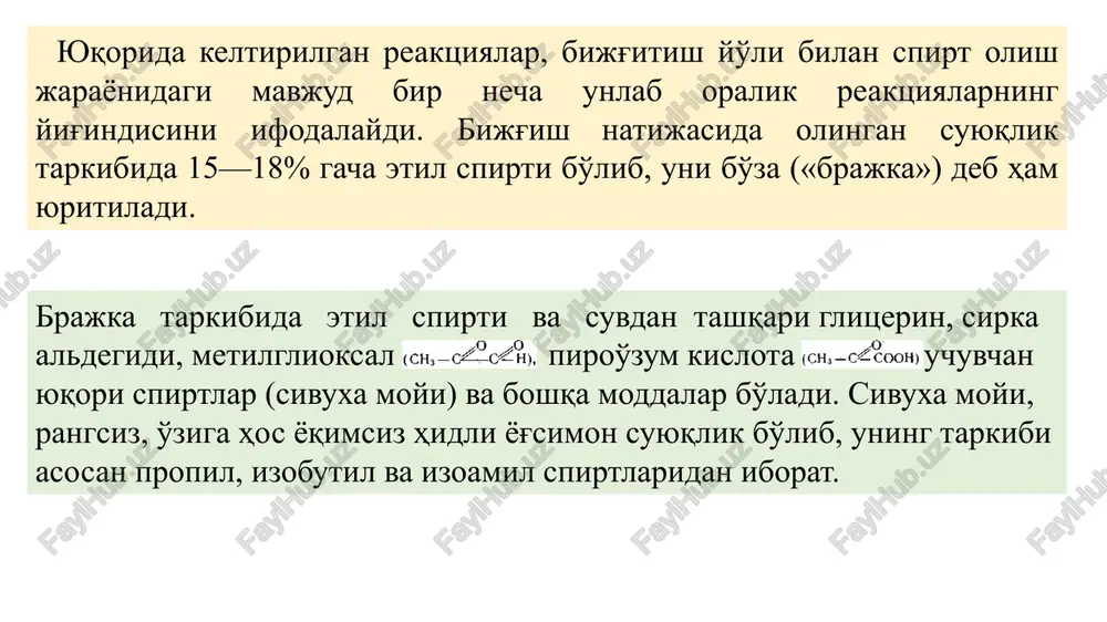 rib, ular birikish, almashinish va oksidlanish reaktsiyalariga tezlik bilan kirishib ketadi. aldegidlarning natriy bisulfit bilan o'zaro birikib, bisulfitli birikmalar hosil qilishi yoki vodorod ta'sirida, uni o'ziga biriktirib spirtga o'tib ketishi, ularning birikish reaktsiyasida faol ishtirok etishiga misol bo'la oladi. aldegidlarni ammiak bilan o'zaro birikib, kristall shaklida aldegido ammiaklar hosil qilishlari ham birikish reaktsiyasiga kiradi. bu erda shuni ham aytib o'tish kerakki, aldegidlardan chumoli aldegidi, aldegidoammiak o'rniga, undan birmuncha murakkab tuzilishga ega geksametilentetramin moddasini hosil qiladi. aldegidlarning o'rin almashinish reaktsiyasida faol qatnashishiga, ularning gidroksilamin bilan oksimlar yoki gidrazin va fenilgidrazin bilan gidrazon yoki fenilgidrazon birikmalarini hosil qilishlari misol bo'la oladi. fenilgidrazon aldegidlar oson oksidlanadi, havo kislorodi yoki kuchsiz oksidlovchi ta'sirida ham oksidlanib kislotaga o'tadilar. aldegidlarning oksidlanishi ayniksa ishqoriy sharoitda tezlashadi. ularning oksidlanish re­aktsiyasiga moyilligi kumush nitratning ammiakli eritmasi, feling suyuqligi yoki nessler reaktivi, shuningdek ishqoriy muhitda yod bilan bo'ladigan reaktsiyalarda yaqqol ko'rinadi. aldegidlarning turli reaktsiyalarga faol kirish hossalaridan bir qancha yangidan-yangi …