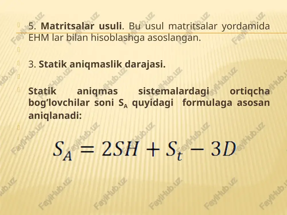 i tekshiriladi. 9. ko‘ndalang kuch epyurasi qx yakuniy eguvchi moment epyurasi mx asosida chiziladi. 10. bo‘ylama kuch epyurasi nx ko‘ndalang kuch epyurasi qx dan foydalanib chiziladi. 11. ramani umumiy statik tekshirish. ma’ruzani mustahkamlash uchun savollar. 1. kuchlar usulining asosiy sistemasi qanday tanlanadi? 2. kuchlar usulining kanonik tenglamalari qanday tuziladi? 3. kuchlar usulining asosiy sistemasi deb nimaga aytiladi? ? 4. kuchlar usulining kanonik tenglamalari deb nimaga aytiladi? 5. kuchlar usulining kanonik tenglamalarini yozing? 6. kuchlar usulining kanonik tenglamasi koeffitsientlari va ozod hadlari qanday aniqlanadi? 7. kuchlar usulining kanonik tenglamasi koeffitsientlari va ozod hadlarin i tekshirishni ayting? 8. ramaning ixtiyoriy kesimidagi m x , q x va n x epyuralarini kurishni xamda tekshirishni ayting? 9. statik aniqmas ramalarni tashqi yuklar ta’siriga hisoblash tartibini ayting? ma’ruzani mustahkamlash uchun savollar. 1. kuchlar usulining asosiy sistemasi qanday tanlanadi? 2. kuchlar usulining kanonik tenglamalari qanday tuziladi? 3. kuchlar usulining asosiy sistemasi deb nimaga aytiladi? ? 4. …