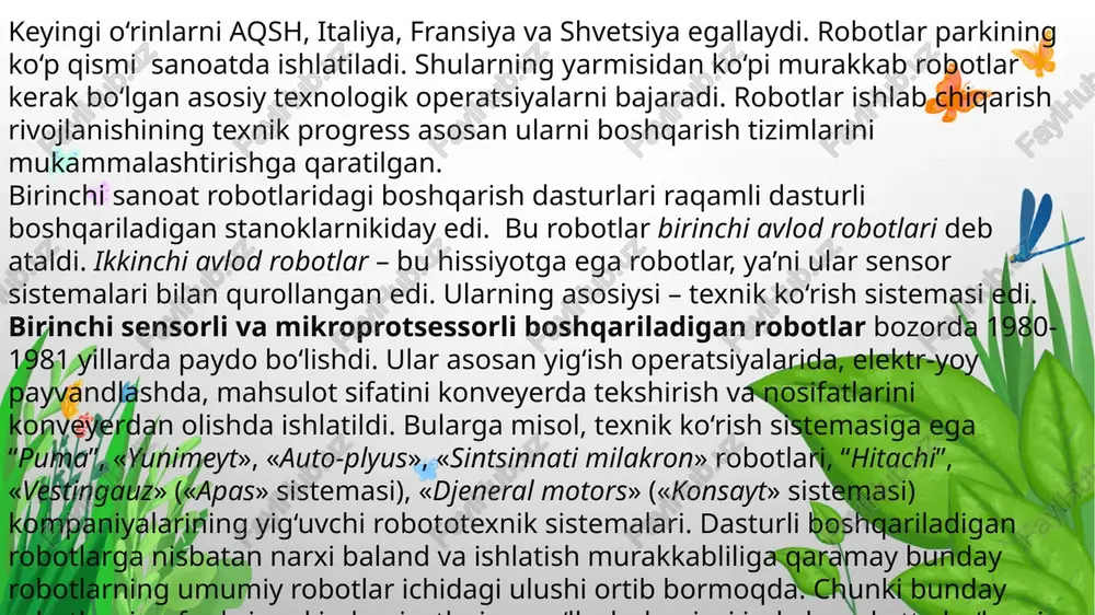 rlarga bo‘linadi: sanoat; qurilish; qishloq xo‘jalik; transport; maishiy (turmushda ishlatiladigan); jangovor (harbiy). sanoat robotlari asosan qo‘l mehnatini va transport operatsiyalarni avtomatizatsiyalash uchun har xil sanoat sohalarida qo‘llaniladi. asosan ular mashinasozlik va asbobsozlikda, tog‘-kon sanoatida, avtomobilsozlikda, neft va kimyo sohasida, metallurgiya, atom sanoati va h.k. larda ishlatiladi. masalan, avtomobilsozlikda robototexnik komplekslar elektrokonaktli payvandlashda keng qo‘llaniladi. qurilish robotlari qurilishdagi keng ko‘lamdagi qo‘l mehnatini va og‘ir ishlarni avtomatlashtirishda ishlatiladi. qurilishni robotlashtirish hozirgi paytda juda dolzarb masala hisoblanadi. robot demontaj ishini bajaryapti. robot brokk 400. odamsimon robot yasashni maqsad qilgan ba’zi startaplar robotlarini yurishidan oldin ularning barmoqlari epchil ishlashiga e’tibor qaratyapti. kanadada joylashgan sanctuary startapi tegishli bo‘lgan british kolumbiya kompaniyasi rahbari jordi rouzning aytishicha, insonga o‘xshash robotlarda eng asosiy muammo ularning yura olishi emas, balki ularning dunyoni tushuna olishi va qo‘l bilan boshqarishdadir. bu startapning phoenix roboti javonlarni tartiblashi, yetkazib berish xizmati mashinalaridagi yuklarni tushirishi va kassani ham boshqara olishi mumkin. rouzning aytishicha, keyingi …