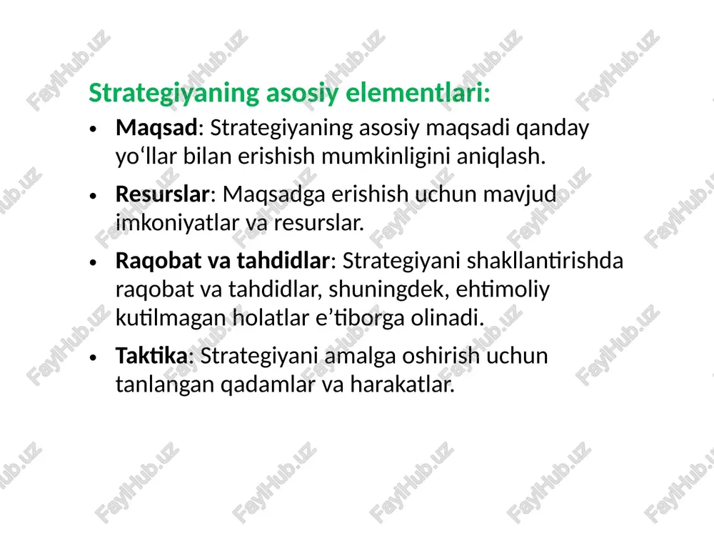 hi va uning maqsadini to’g’ri tanlash quyidagi ikki omilga bog’liq: •tashqi muhit omili; •ichki muhit omili. strategik rejalashtirishni amalga oshirilayotganda bu omillarni inobatga olish juda ham zarurdir. chunki aynan ularni hisobga olish korxonaga xavf soluvchi yoki yangi tug’ilishi mumkin bo’lgan xavf oldini olish imkonini beradi. bu, albatta, o’ta ko’p mehnat talab qiladigan va ko’p xarajatli jarayondir. unga sarflanadigan xarajatlar strategik rejalashtirish jarayoniga sarflanadigan xarajatlarning eng ko’p qismini tashkil qiladi. bozor injiqliklari ham korxona faoliyati va uning samaradorligiga o’z ta’sirini o’tkazmay qo’ymaydi. ularni tahlil qilish korxona rahbariyatiga korxona strategiyasini aniq bilishga va uning bozordagi mavqesini mustahkamlashga yordam beradi. bu erda: • demografik o’zgarishlar; • aholi daromadi darajasi va uning taqsimlanishi; • tarmoqdagi raqobat darajasi; • korxonaning bozorda egallagan salmog’i; • bozor ko’lami yoki uni hukumat tomonidan himoyalanganligi tahlil qilinadi. strategik rejalashtirish jarayonida korxonaning kuchli va kuchsiz tomonlarini tahlil qilishdan maqsad quyidagi ikkita savolga javob topishdir: tashqi imkoniyatlardan foydalanish uchun korxona o’zining …
