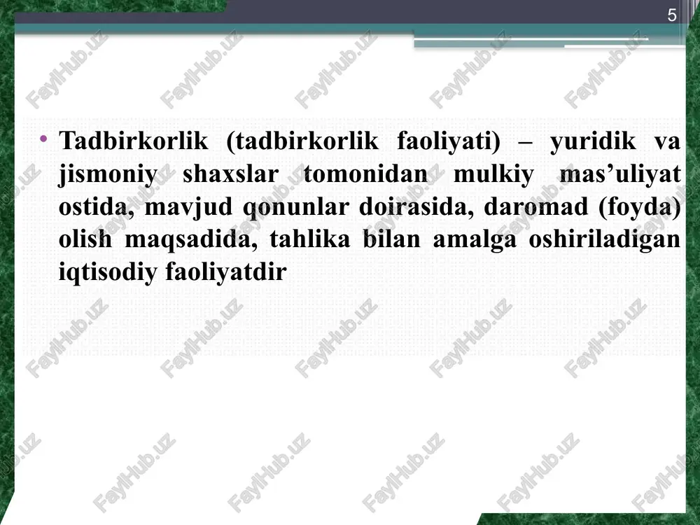 rkorlik kapitali (fondlari)ning tarkibi asosiy kapital (fond) ¥ ¥ + /aylanma kapital (fond)| bino, || mashina, yer och vuskuna, uzatma, mexanizm-| lar, trans- port va hk. shunga jo‘xshashlar] asosiy apital- ning, boshga turlari acocnif bochtamaphit kopxona oapiio 3th acocuii bocutamap- acocuii acocuii hh cotho oth ba bochtanaplan bochtalaphuhr —> _ pp. > p! wakahthpui doliqananni ammopthsalliacn acocuii bocutailaphn kalita thk1al1 ba yphhhh komal list1 yillar kichik biznes va xususiy tadbirkorlikning yaimdagi ulushi, foizda 2000 31 2005 38.2 2006 42.1 2007 45.7 2008 48.2 2009 50.1 2010 52.5 2011 54 2012 54.6 2013 55.8 2014 56.1 2015 56.7 /docprops/thumbnail.jpeg 18: mavzu. tadbirkorlik faolivati va ‘tadbirkorlik kapitall