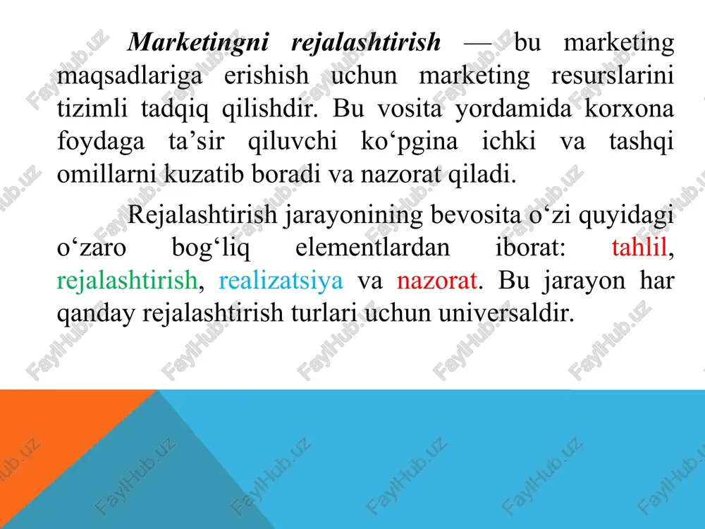 rejalashtirish, yangi imkoniyatlarni izlab topishni o‘z ichiga oladi; * taktik rejalashtirish, operativ rejalashtirsh imkoniyatlarini tezkor amalga oshirish. * magqsadli rejalashtirish, maqsadlarni aniqlash; * vositalarni rejalashtirish, moddiy resurslar, mehnat resurslari, jihozlar, moliya va axborotlarni rejalashtirish; ¢ ishlab chigarishni rejalashtirish; * sotishni rejalashtirish; * moliyaviy rejalashtirish; ¢ personalni_rejalashtirish. ji * qisqa muddatli, bir yilgacha; * o'rta muddatli, bir yildan besh yilgacha; * uzoq muddatli, besh yil va undan ortiq. * qa’tiy rejalashtirish; * o’zgaruvchan ( moslashuvchan) rejalashtirish. korporativ strategiya - missiyani amalga oshirish bo‘yicha qarorlar. biznes strategiya - biznes soxalari bo‘yicha qabul qilingan qarorlar. strategik reja korxona uchun quyidagi imkoniyatlarni yaratadi: - maqsadni aniq belgilash va uni ifodalash; - tashqi muxitga moslashish; - samarali boshqarish tizimi va uning tarkibiy strukturasini yaratish; - tarkibiy — strukturadagi barcha bo‘g‘inlar _faoliyatini muvofiqlashtirish; - korxona barcha resurslari, ya’ni ishchi kuchi, moliya, aylanma va asosly aktivlarning optimal taqsimotini ta’minlash. livppn fae livpisuey av[ivaot, cipatermann amanra owmphwhmht peranap …