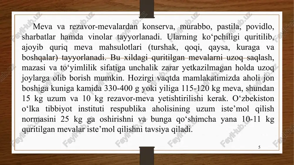 bir muncha o‘zgardi. 23 hozirgi paytda danakli meva bog‘larni ularni ko‘chatini ko‘paytirish borasida katta ishlar olib borilmoqda. respublikada yetishtirilayotgan ho‘l mevaning 69,7% ist’emol qilinadi, 6,8% dan konserva, 4,4% quritiladi, 4,4% respublikadan tashqariga realizatsiya qilinadi, qolgan qismidan har xil ichimliklar tayyorlanadi e'tiborlaringiz uchun rahmat! image7.jpeg image8.jpeg image9.jpeg image10.jpeg image11.jpeg image12.jpeg image13.jpeg image14.jpeg image15.jpeg image16.jpeg image17.jpeg image18.jpeg image19.jpeg image20.jpeg image21.jpeg image22.jpeg image23.jpeg image24.jpeg image25.jpeg image26.jpeg image27.jpeg image28.jpeg image29.jpeg image30.jpeg image31.jpeg image32.jpeg image33.jpeg image34.jpeg image35.jpeg image3.png image4.png /docprops/thumbnail.jpeg