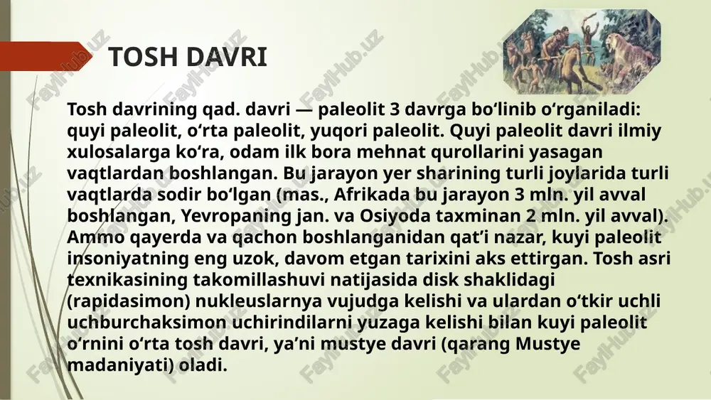 `z ichiga otadi-. bu davr yodgorliklari mustye madaniyati yodgorliklari madaniyatiga nisbatan kamroq o`rganilgan. hozirgi kunga qadar o`rta osiyoda bu davrga oid 30 dan ziyod makonlar ochilgan. samarqand (shaharning o`zida), xo`jag`or (farg`ona vodiysi), shug`nov (pomir etaklari), ko`lbuloq (toshkent viloyati), qorakamar (tojikiston), achisay (qozog`iston) yodgorliklari shular jumlasidandir. this presentation uses a free template provided by fppt.com www.free-power-point-templates.com so`ngi paleolit samarqand shahrida 1939-yilda ochilgan yodgorlik mintaqadagi so`nggi paleolit davriga oid dastlabki makon hisoblanadi. samarqand makoni ko`p qatlamli bo`lib bu qatlaralardan ko`p sonli (7,5 ming) xilma-xil topilmalar topilgan. ular orasida qirg`ichlar, kesgichlar, sixchalar, pichoqlar, ushatgichlar, boltalar .kabilar bor. shuningdek, madaniy qatlamlardan gulxan qoldig`i, ko`mir parchalari va gulxan atrofidan hayvonlar hamda o`simliklaf qoldiqlari aniqlangan. bu topilmalar bu yerda yashagan kishilarning ovchilik va termachilik bilah shug`ullanganliklaridan dalolat beradi. umuman olganda, ko`pchilik tadqiqotchilar o`rta osiyo so`nggi paleolit davrini asosan uchta - samarqand, xi`jag`or va ki`lbuloq rnadaniyatlariga ajratadilar. bu davrga oid madaniyatlardan faqaq samaixiand shahridan si`nggi paleolit davri …