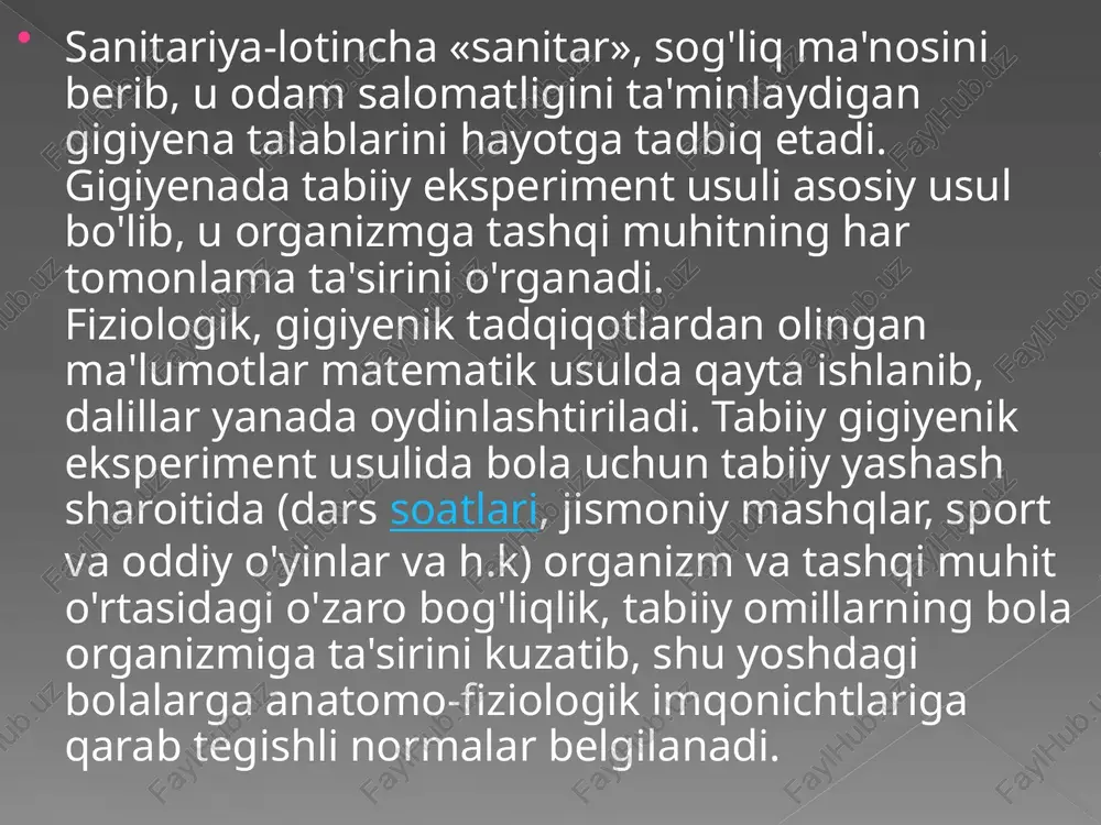 tishadi. o'zbekiston prezidenti i. a. karimovning o'zbekiston yoshlarining barkamol voyaga yetishi uchun yaratayotgan chora-tadbirlari, ishlari, maslahatlari beqiyosdir. uning «barkamol avlod orzusi» asarida bu masalaga chuqur e'tibor berilgan. image2.jpeg image3.png image4.jpeg ferghana medical institute of public health /docprops/thumbnail.jpeg farg’ona jamoat salomatligi fibbiyot insitufi mavzu: o'quvchilami giglyenik tarbi ‘gabul gidi: yakubova 0'9'%oy gop onvcinshysh valober iacdtyea oma