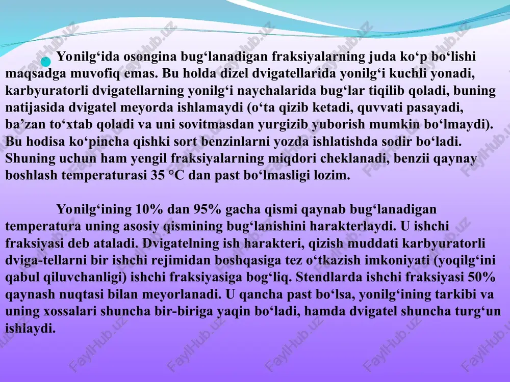 tirishdan iborat. yonilg‘i bug‘latilgandan keyin qolgan qoldiq haqiqiy smolalar miqdorini bildiradi. u 100ml yonilg‘i hisobiga milligrammda o‘lchanadi. benzinning turli markalari uchun bu miqdor 7-15 mg/100 ml, dizel yoilg‘isi uchun 30-50 mg/100 ml ga teng. benzinning oksidlanib smolali moddalar hosil qilishga moyilligi (barqarorligi) induksion davr bilan baholanadi. bu davr benzinning tashish, saqlash va undan foydalanish sharoitlari to‘g‘ri bo‘lganda o‘z tarkibini o‘zgartirmasdan saqlash hususiyatini belgilaydi. bu ko‘rsatgich laboratoriya qurilmasida benzinni sun’iy ravishda oksidlab aniqlanadi. (0.7 mpa=7kgk/sm2) bosimda, quruq va toza kislorod atmosferasida, 100°c temperaturada). induksion davr benzin oksidlana boshlagan vaqtdan to kislorodni faol yuta boshlaguncha o‘tgan vaqtdir. bu vaqt minutlarda o‘lchanadi. turli markadagi benzinlar uchun bu qiymat 600-900 min.ga, sifat belgisi berilgan benzinlar uchun 1200 min.ga teng. ko‘pincha hozirgi zamon benzin markalari uchun induksion davr kamida 900 min ga teng. tekshirishlar bunday benzinni 1~1,5 yil mobaynida saqlash mumkinligini, bunda sifati sezilarli darajada o‘zgarmasligini ko‘rsatadi. karbyuratorli dvigatellarda smolali o‘tirindilar ko‘pincha benzin tindirgichlarda, karbyurator …