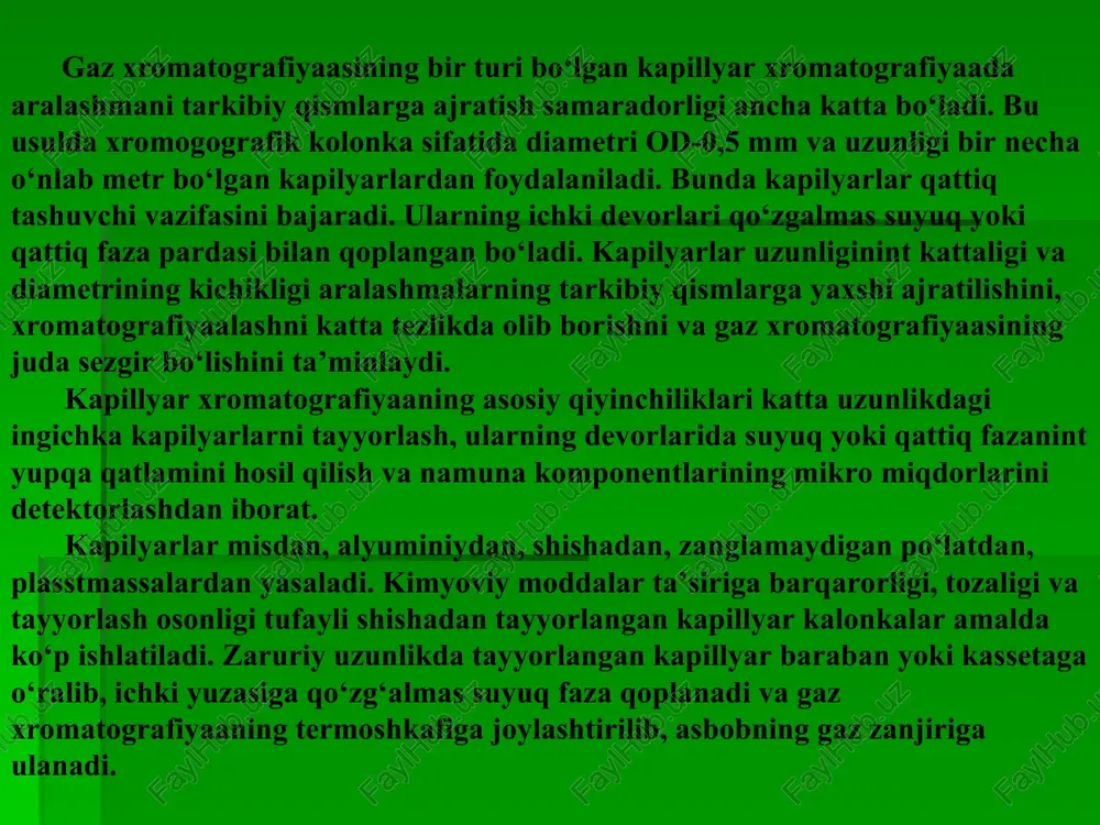 -oktan+1,2,3,4-trans,tetrametilsiklopentan, 48-1,2-trans-dimetilsiklogeksan, 49-1,3-trans- dimeti1siklogeksan+1 l-sis-dimetilsiklogeksan, gel xromatografiyasi. bu xromatografiyaaning mutlaqo o‘ziga xos turi bo‘lib, molekulalarning ulchamlari orasidagi farqdan foyda lanishga asoslangan. u gel xromatografiyaasi yoki elak xromatografiyasi deyiladi. gel xromatografiyaasida taqsimlanish xromatografiyaasidan farqli ravishda qo‘zg‘almas va harakatchan faza sifatida bitta suyuqlik-erituvchining o‘zi xizmat qiladi. bunda qattiq tashuvchi qatlami - gel donachalarini yuvib o‘tadigan suyuqlik harakatchan faza vazifasini o‘tab, ajratiluvchi aralashma komponeitlarini kolonka bo‘ylab siljitadi. shu suyuqlikning boshqa qismi gel donachalarining g‘ovaklariga joylashib, qo‘zgalmas faza vazifasini bajaradi. aralashma tarkibidagi molekulalar ulchamlari jihatdan turlicha, gel g‘ovaklarining diametri esa o‘zgarmas bo‘lganida moddalar aralashmasi tarkibiy qismlarga ajraladi. bunda ulchamlari gel g‘ovaklarining diametridan kichikroq bo‘lgan molekulalar gelda tutilib qoladi. tekshiriluvchi aralashma filtrlanganda maydaroq molekulgshar gel g‘ovaklariga kirib, shu g‘ovaklardagi erituvchida tutilib qoladi va gel qatlami bo‘ylab g‘ovaklarga kirolmagan yirikroq molekulalarga nisbatan sekinroq harakatlanadi. gel xromatografiyaasi moddalar aralashmasini shu moddalar molekulalarining ulchamlari va massalariga bog‘liq ravishda ajratish imkoniii beradi. aralashmalarni ajratishning bu usuli ancha oddiy, tezkor …